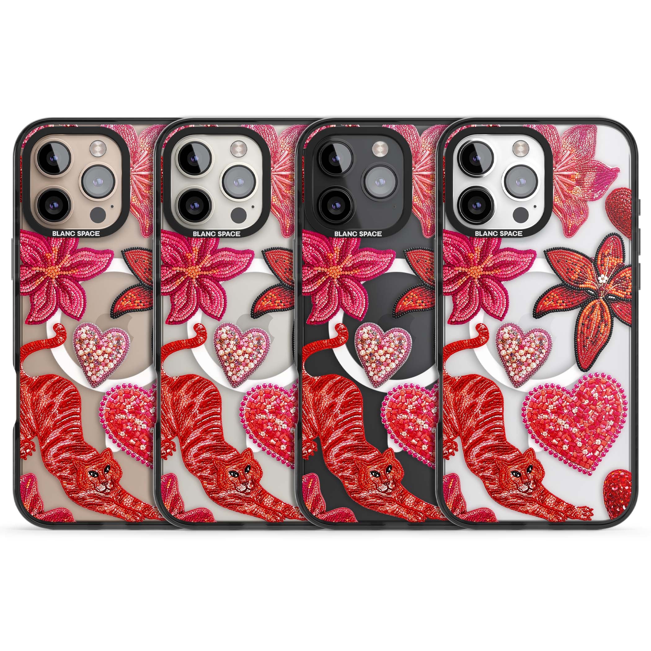 Beaded Boho floral iPhone case featuring beaded red lilies, a stitched tiger, and pearl-encrusted hearts on clear | Black Impact Magsafe case for iPhone 16 Pro, iPhone 16 Pro Max
