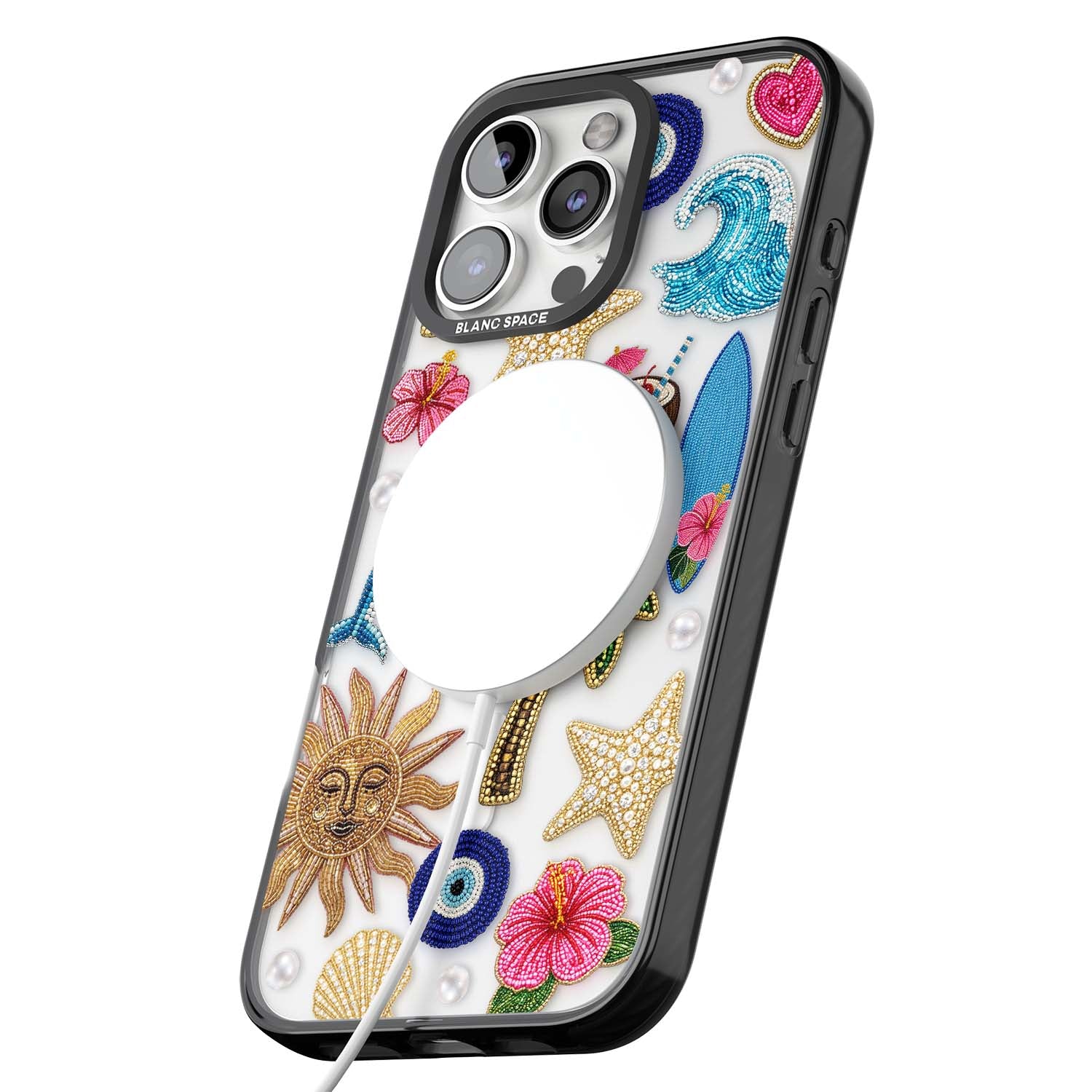 Beaded Beach coastal summer iPhone case featuring embroidered evil eye, hibiscus flowers, dolphin and palm tree patches | Black Impact Magsafe case for iPhone 16 Pro, iPhone 16 Pro Max