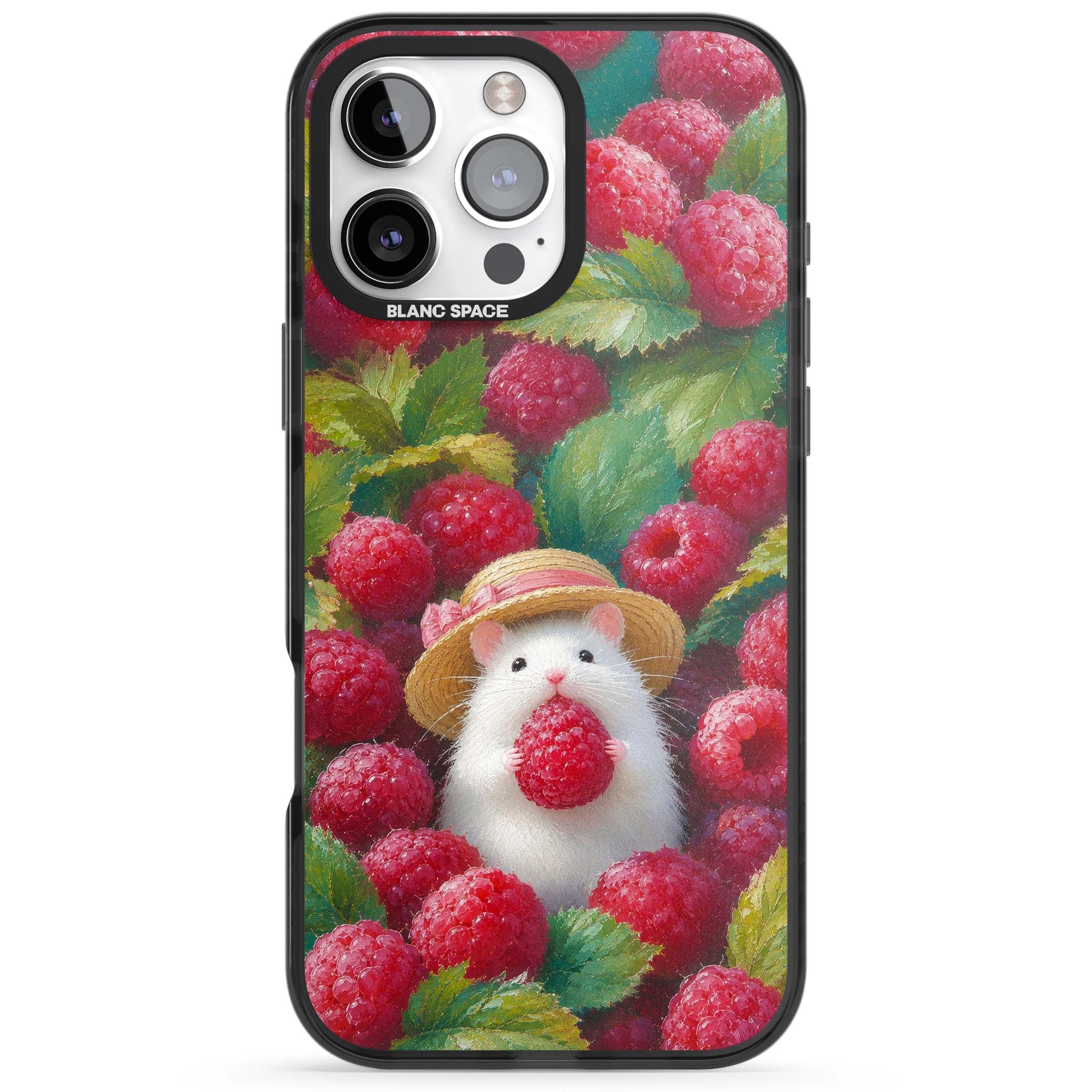 Berry Forager cottagecore iPhone case featuring a white hamster in a straw hat holding a raspberry surrounded by ripe ber | Black Impact Magsafe case for iPhone 16 Pro, iPhone 16 Pro Max