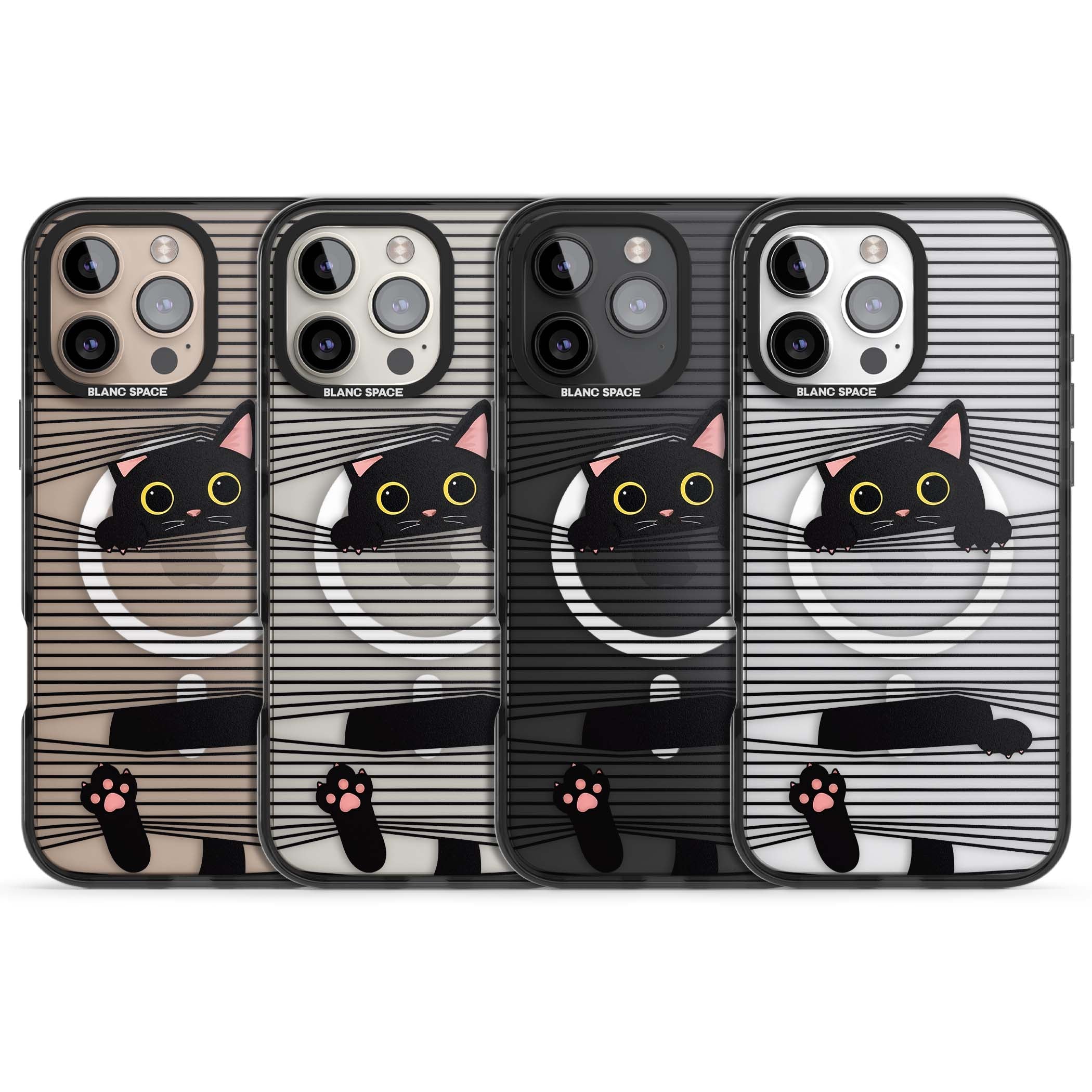 Peek-a-Boo Cat minimal iPhone case featuring black cat peeking through horizontal black and white stripes | Black Impact Magsafe case for iPhone 16 Pro, iPhone 16 Pro Max