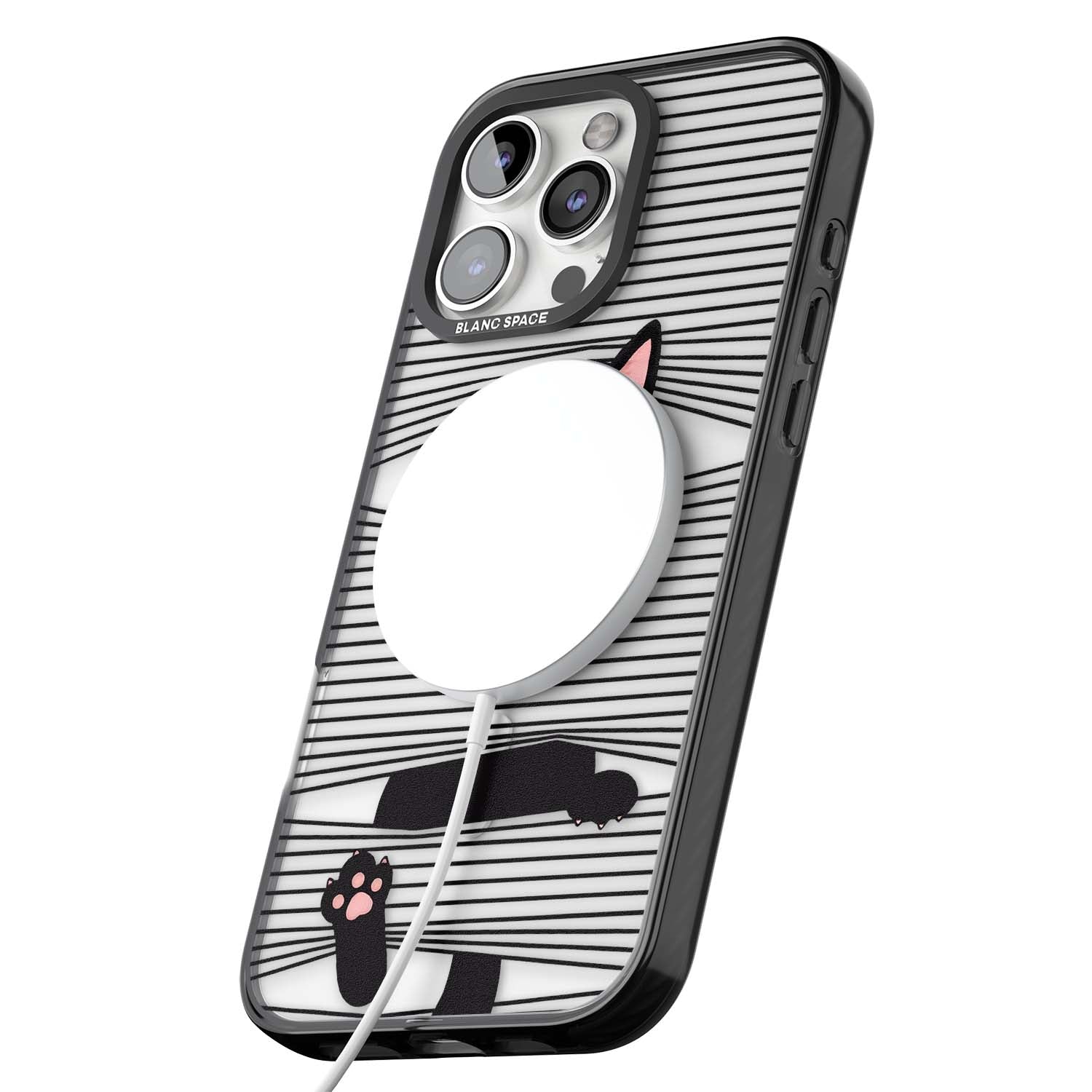 Peek-a-Boo Cat minimal iPhone case featuring black cat peeking through horizontal black and white stripes | Black Impact Magsafe case for iPhone 16 Pro, iPhone 16 Pro Max