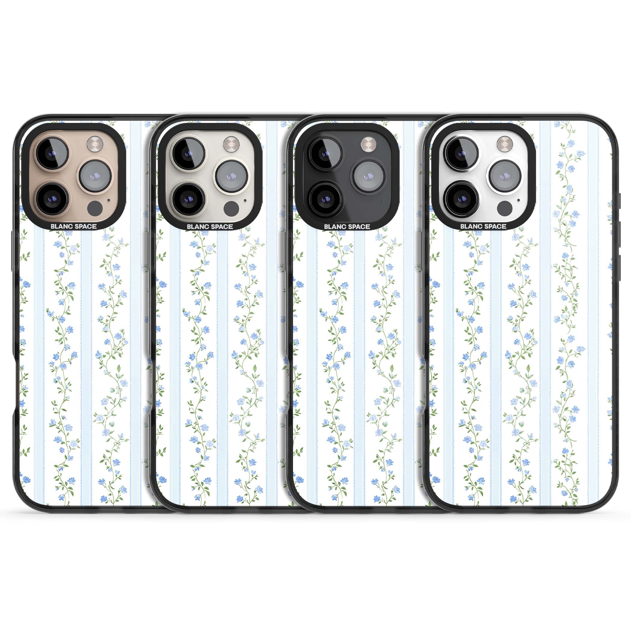 Bluebell Vine cottagecore iPhone case featuring climbing blue roses, trailing green vines, and pale ticking stripes | Black Impact Magsafe case for iPhone 16 Pro, iPhone 16 Pro Max