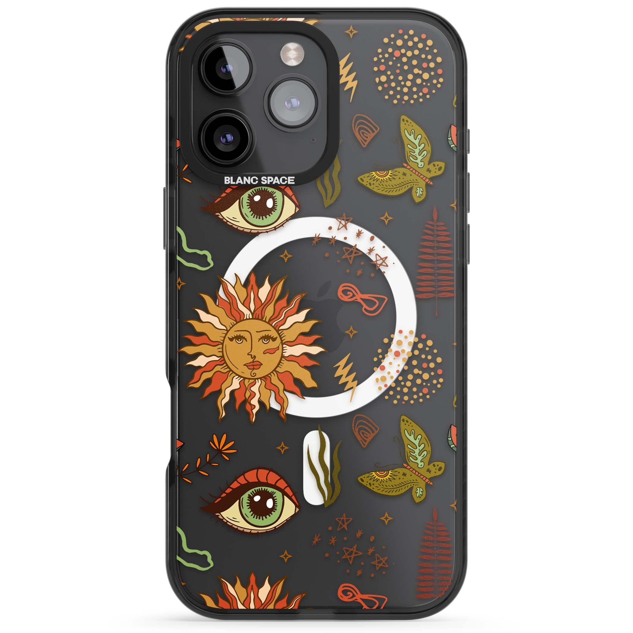 Elevate Your Phone'S Style With This Boho Celestial Sun & Eye Phone Case, Featuring A Mystical Blend Of Suns, All-Seeing Eyes, Butterflies, Stars, And