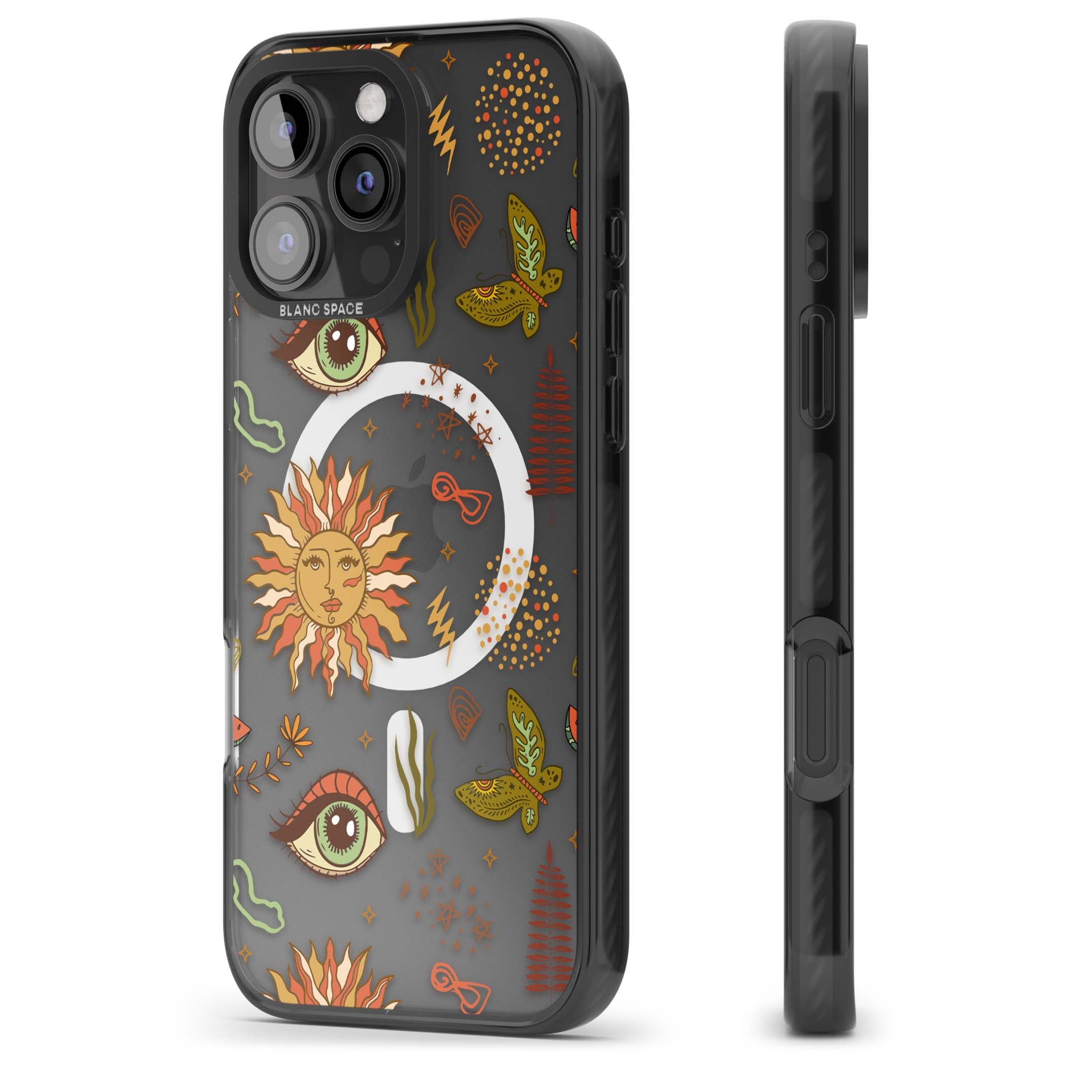 Elevate Your Phone'S Style With This Boho Celestial Sun & Eye Phone Case, Featuring A Mystical Blend Of Suns, All-Seeing Eyes, Butterflies, Stars, And