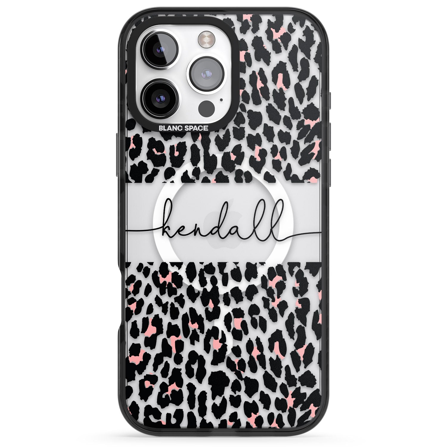 iPhone 16 Pro Max Personalised Pink & Cursive Leopard Spots Black Impact Phone Case