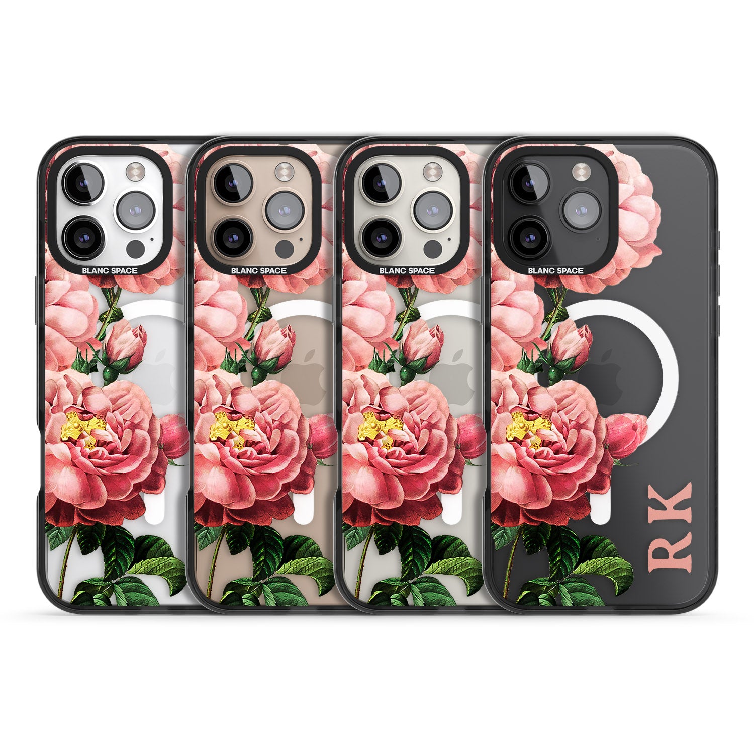 iPhone 16 Pro Max Personalised Clear Vintage Floral Pink Peonies Black Impact Phone Case