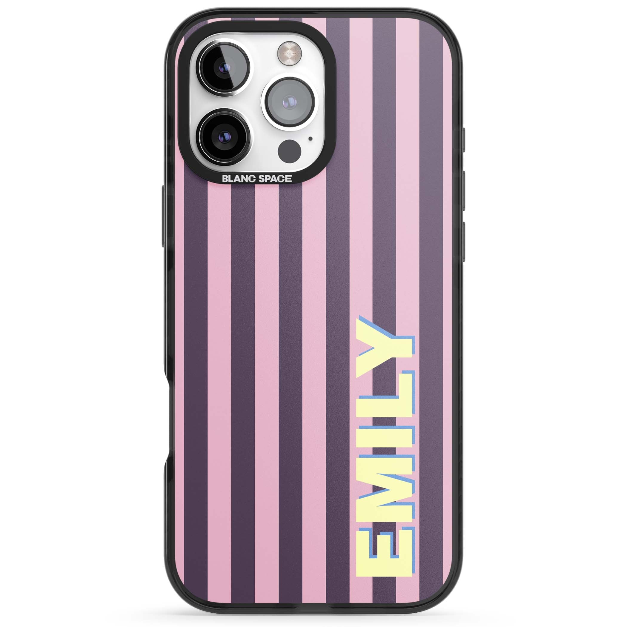 Tyre Stripe personalised stripe iPhone case with plum and pink vertical stripes and custom yellow name | Black Impact Magsafe case for iPhone 16 Pro, iPhone 16 Pro Max