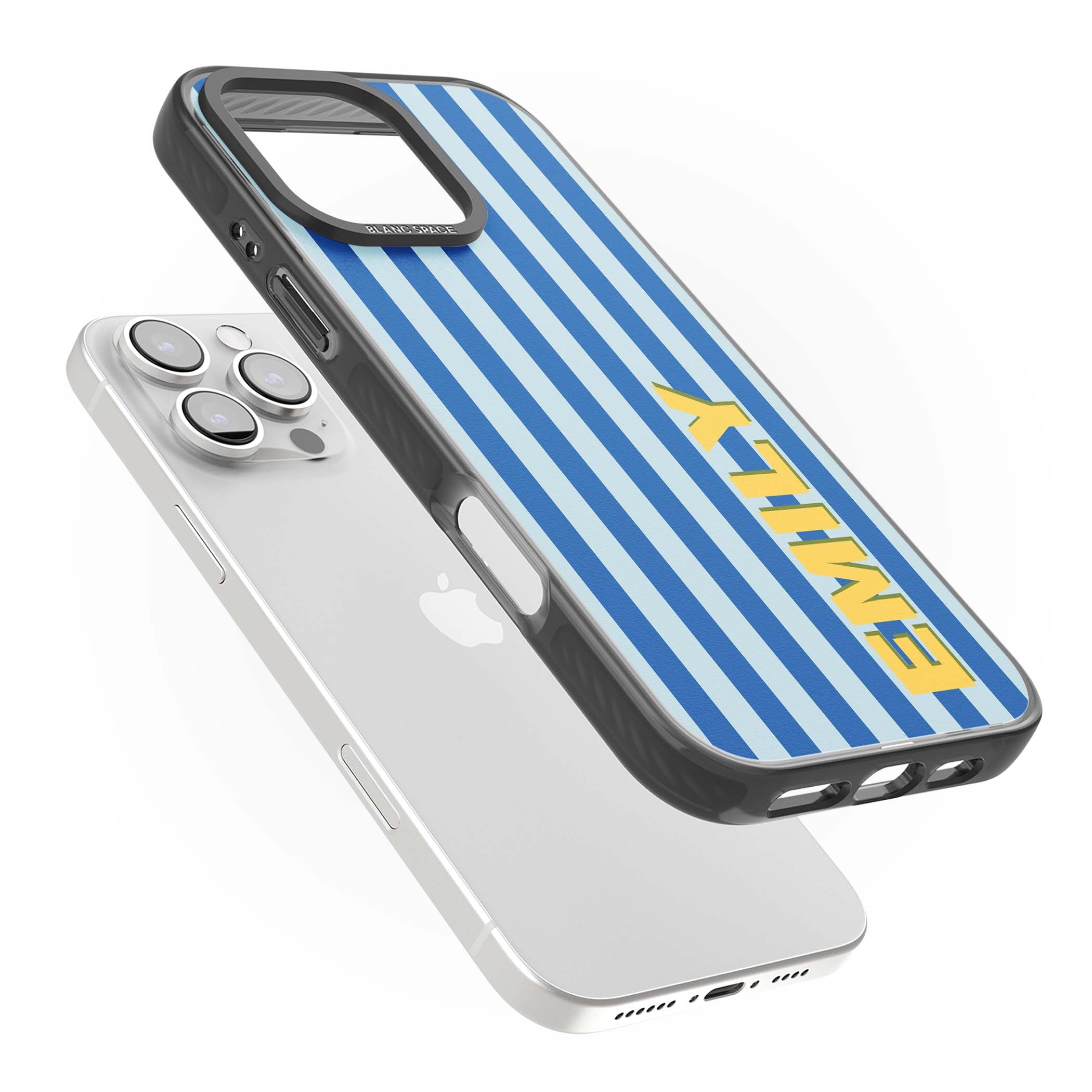 Athenian Stripe personalised preppy iPhone case featuring blue vertical stripes and a custom yellow name | Black Impact Magsafe case for iPhone 16 Pro, iPhone 16 Pro Max