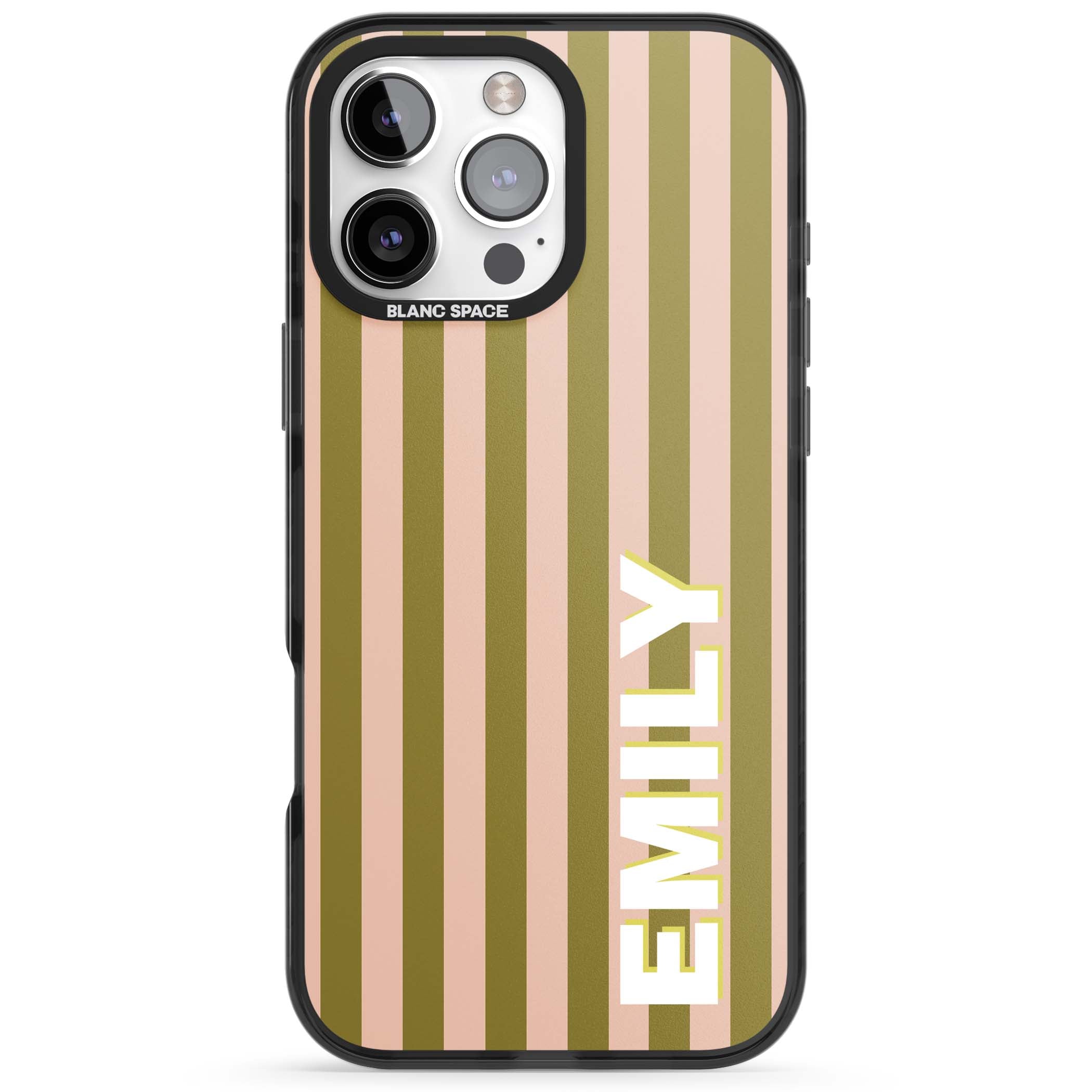 Indian Stripe personalised iPhone case featuring olive green and blush pink vertical stripes with custom name in whit | Black Impact Magsafe case for iPhone 16 Pro, iPhone 16 Pro Max