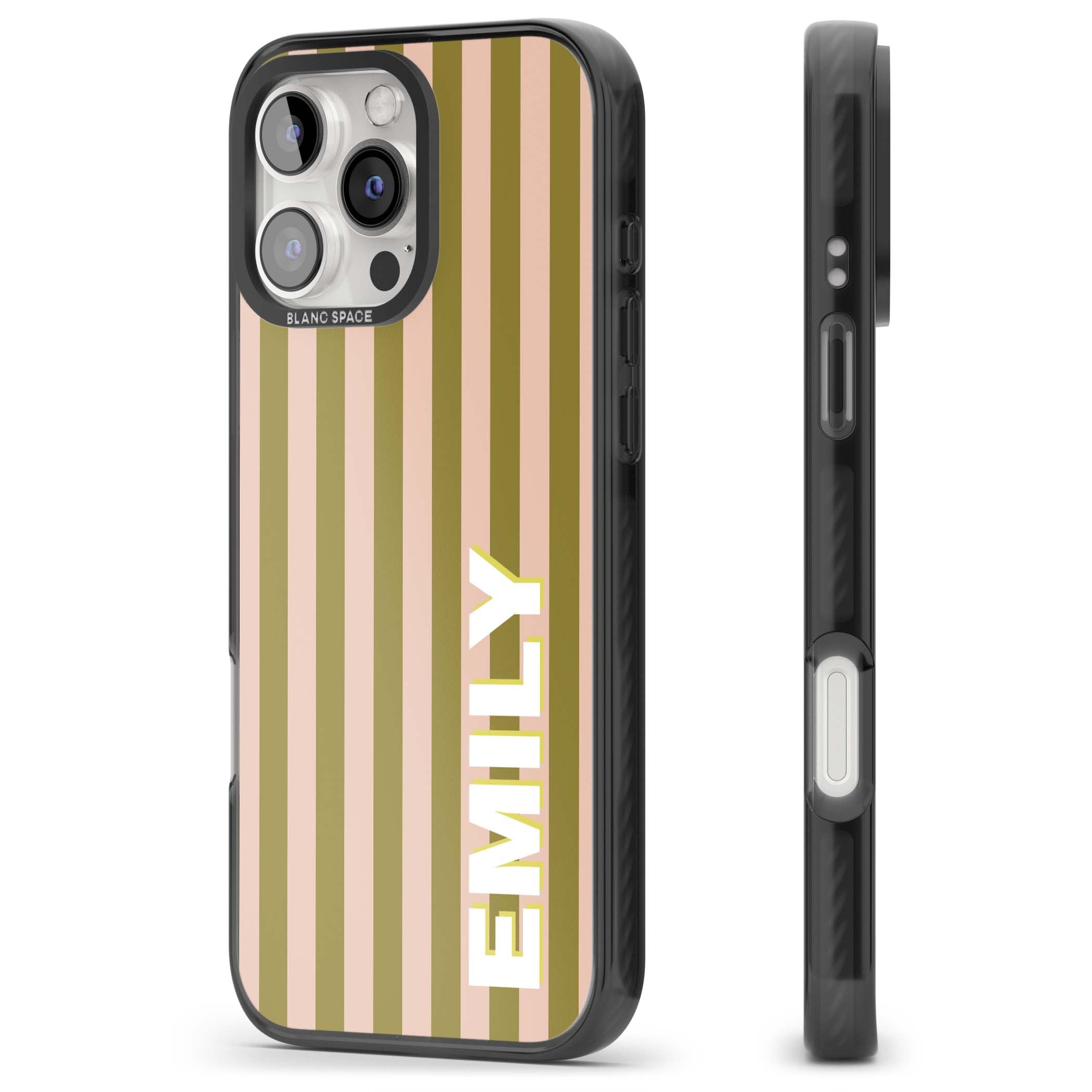 Indian Stripe personalised iPhone case featuring olive green and blush pink vertical stripes with custom name in whit | Black Impact Magsafe case for iPhone 16 Pro, iPhone 16 Pro Max