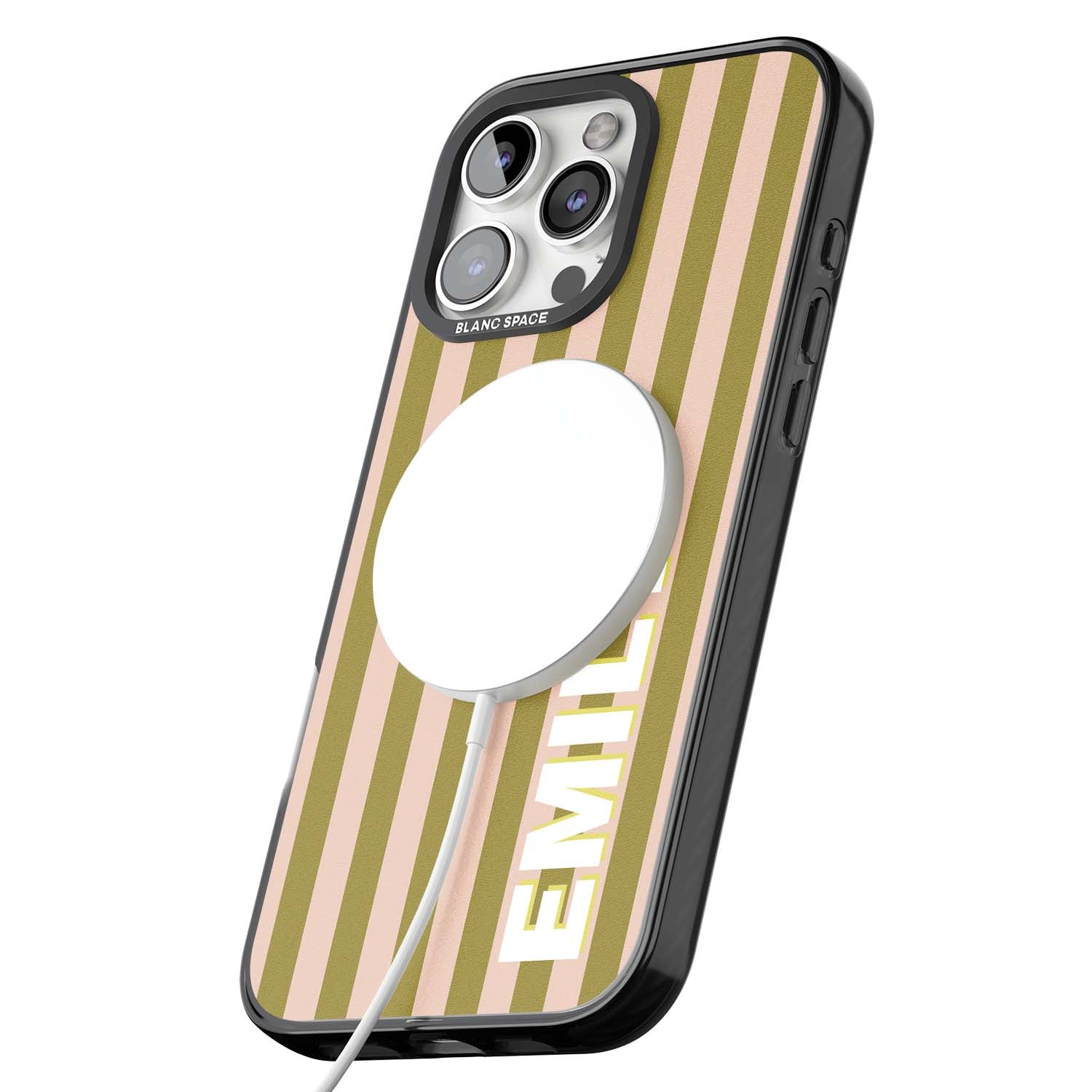 Indian Stripe personalised iPhone case featuring olive green and blush pink vertical stripes with custom name in whit | Black Impact Magsafe case for iPhone 16 Pro, iPhone 16 Pro Max