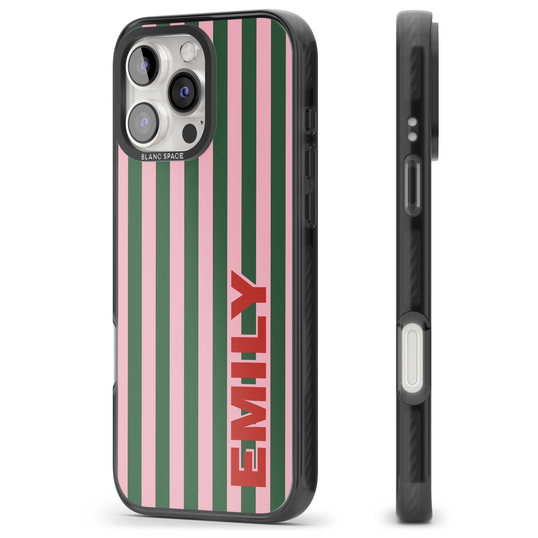 Italian Stripe preppy iPhone case featuring pink and green vertical stripes with personalised red name | Black Impact Magsafe case for iPhone 16 Pro, iPhone 16 Pro Max