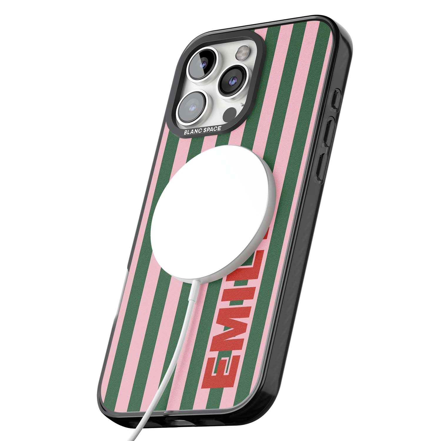 Italian Stripe preppy iPhone case featuring pink and green vertical stripes with personalised red name | Black Impact Magsafe case for iPhone 16 Pro, iPhone 16 Pro Max