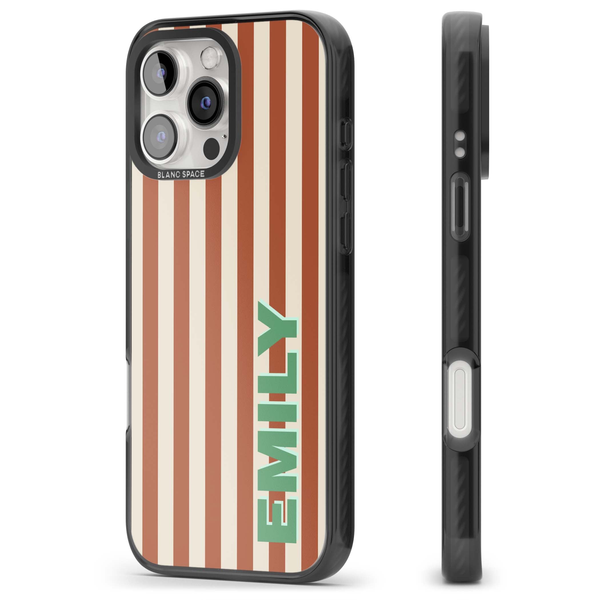 Dune Stripe personalised iPhone case with rust and cream vertical stripes and custom name in mint green | Black Impact Magsafe case for iPhone 16 Pro, iPhone 16 Pro Max