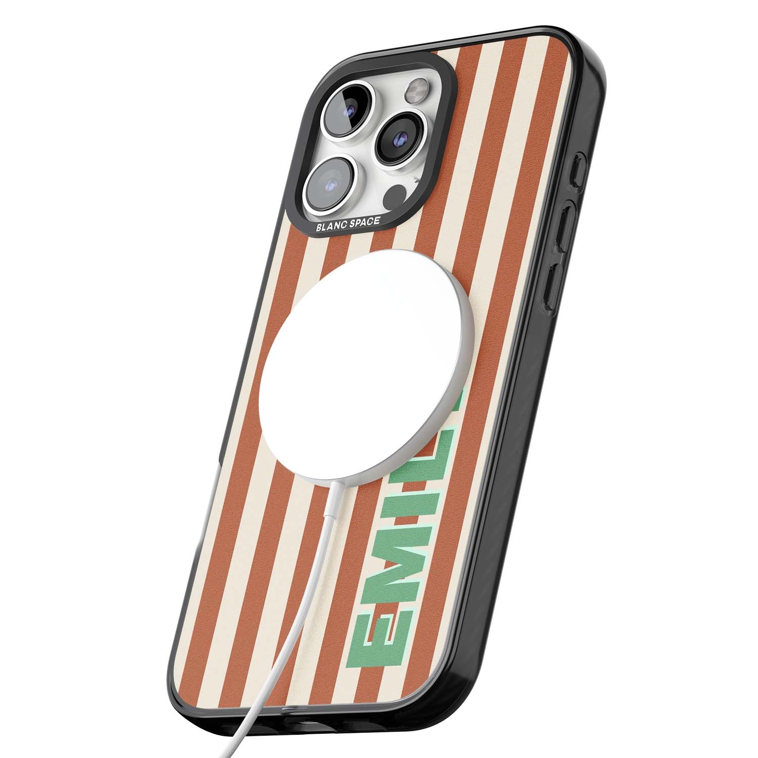 Dune Stripe personalised iPhone case with rust and cream vertical stripes and custom name in mint green | Black Impact Magsafe case for iPhone 16 Pro, iPhone 16 Pro Max