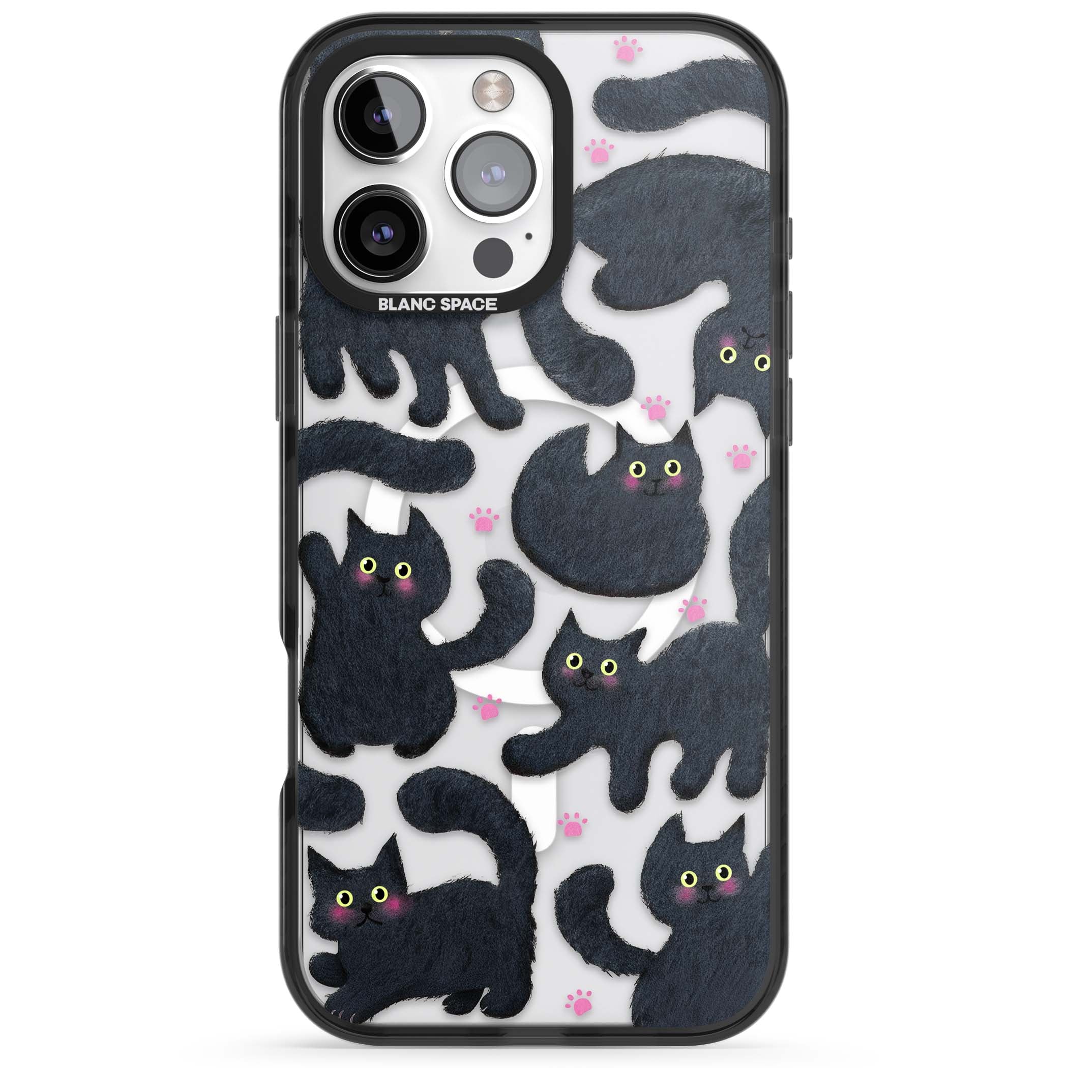 Midnight Cats cute iPhone case featuring black cat pattern with yellow eyes and pink paw prints | Black Impact Magsafe case for iPhone 16 Pro, iPhone 16 Pro Max