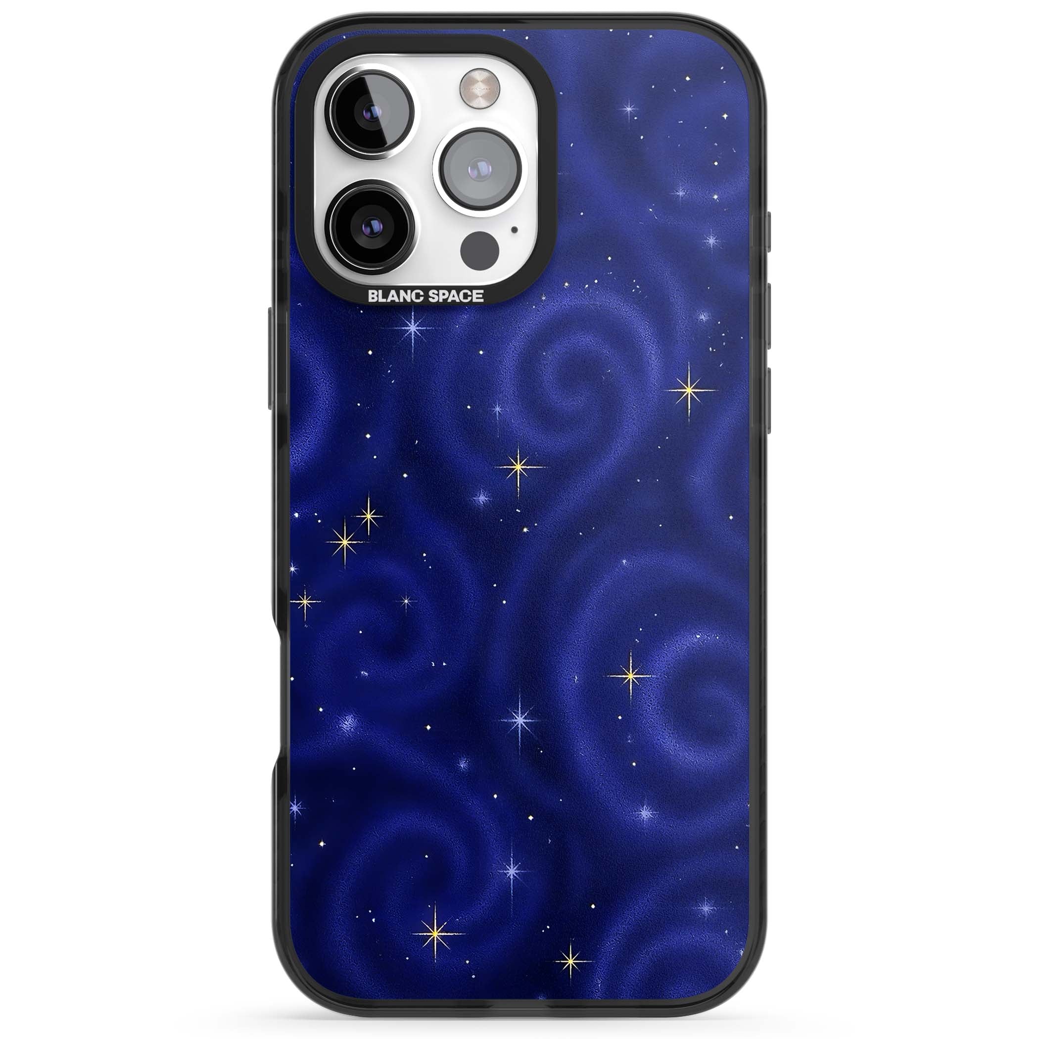 Indigo Cosmos celestial iPhone case featuring swirling navy night sky and sparkling golden stars | Black Impact Magsafe case for iPhone 16 Pro, iPhone 16 Pro Max