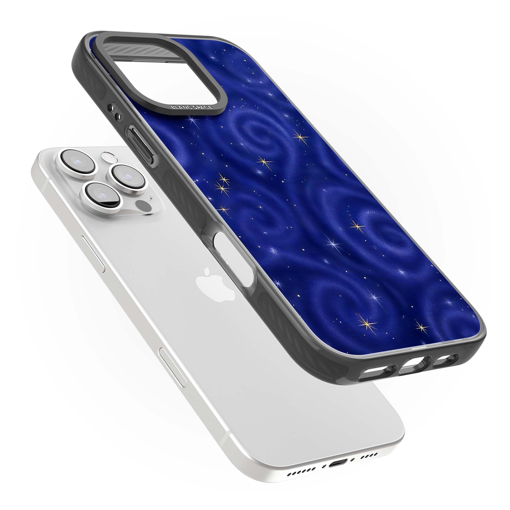 Indigo Cosmos celestial iPhone case featuring swirling navy night sky and sparkling golden stars | Black Impact Magsafe case for iPhone 16 Pro, iPhone 16 Pro Max