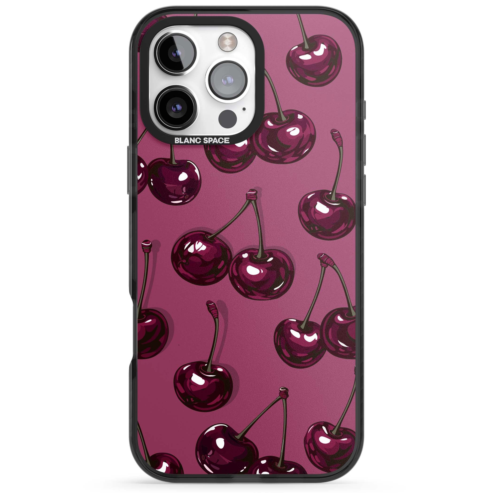 Cherry Soda coquette iPhone case featuring glossy burgundy cherries on a dusty pink background | Black Impact Magsafe case for iPhone 16 Pro, iPhone 16 Pro Max