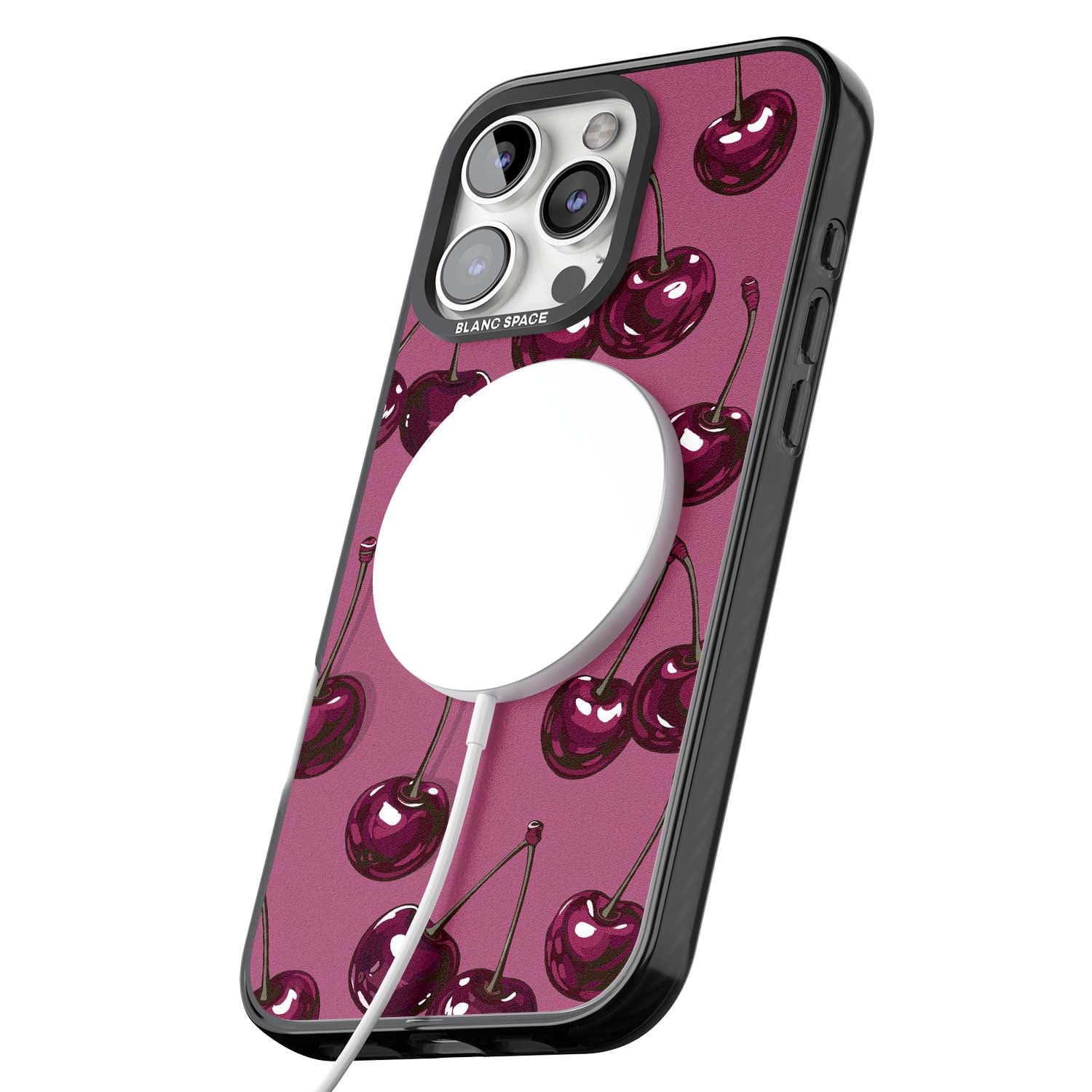 Cherry Soda coquette iPhone case featuring glossy burgundy cherries on a dusty pink background | Black Impact Magsafe case for iPhone 16 Pro, iPhone 16 Pro Max