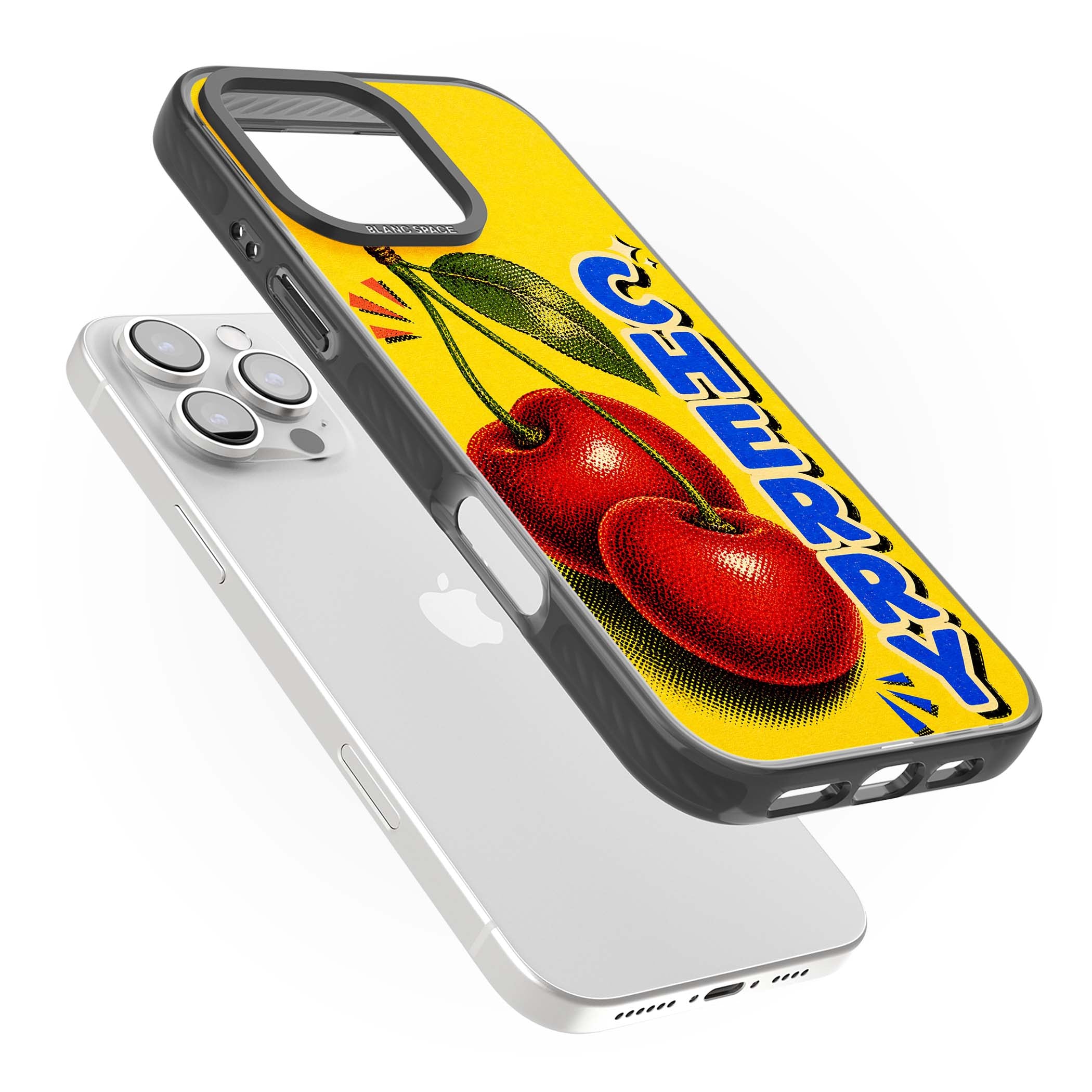 Cherry Yellow y2k iPhone case featuring two red cherries, halftone shading and bold blue CHERRY lettering on yellow | Black Impact Magsafe case for iPhone 16 Pro, iPhone 16 Pro Max