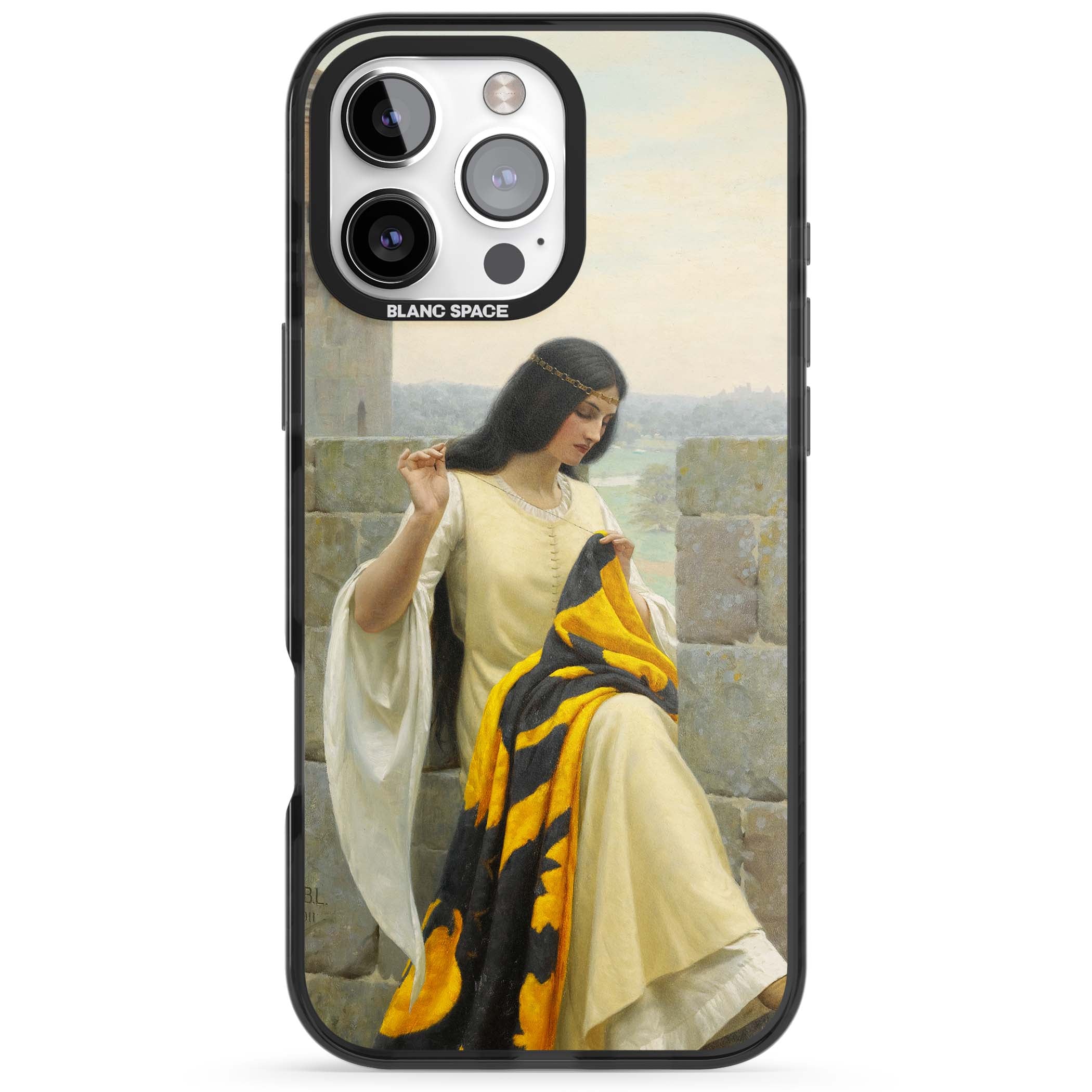 Stitching the Standard renaissance art iPhone case featuring a medieval lady sewing a golden banner on a castle wall | Black Impact Magsafe case for iPhone 16 Pro, iPhone 16 Pro Max