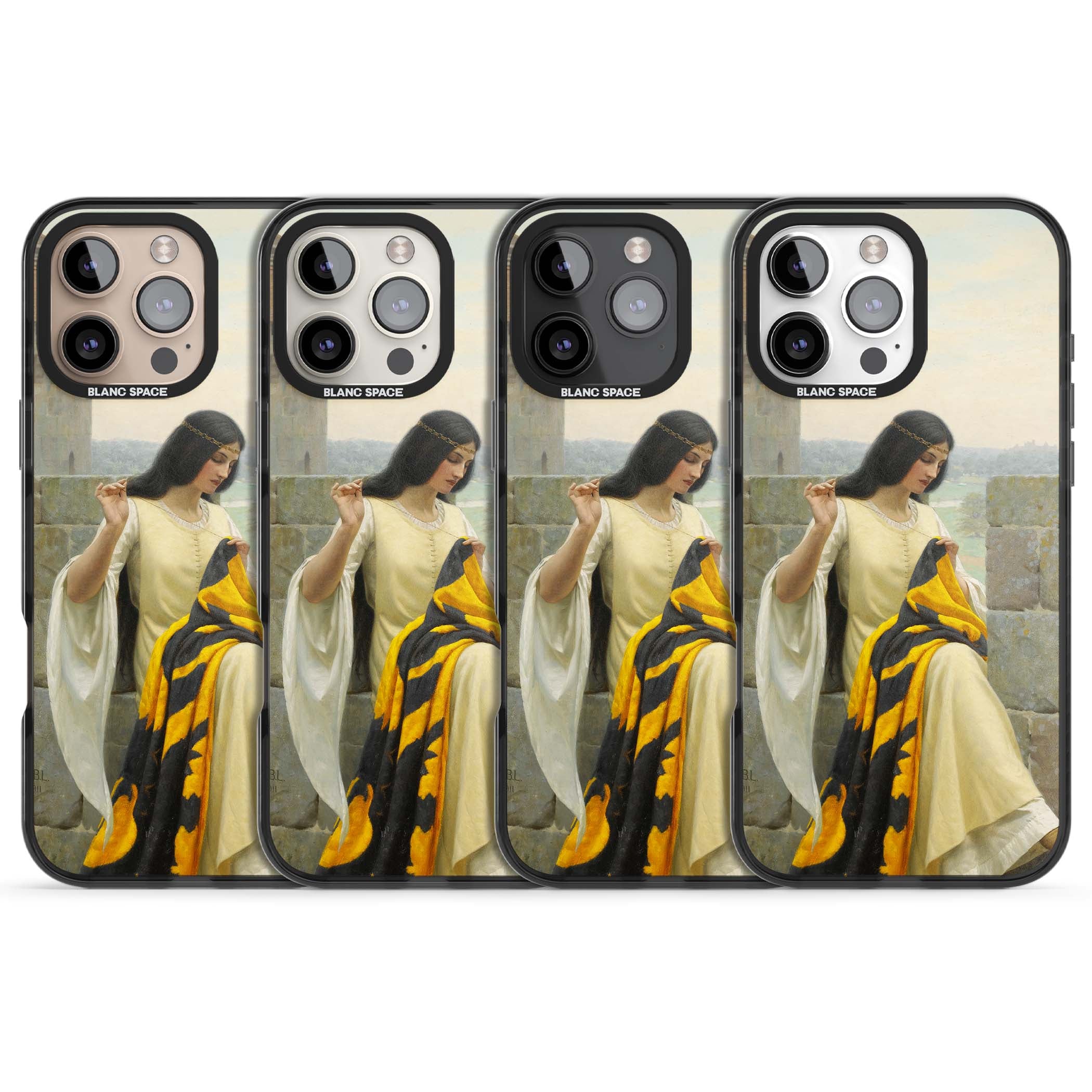 Stitching the Standard renaissance art iPhone case featuring a medieval lady sewing a golden banner on a castle wall | Black Impact Magsafe case for iPhone 16 Pro, iPhone 16 Pro Max