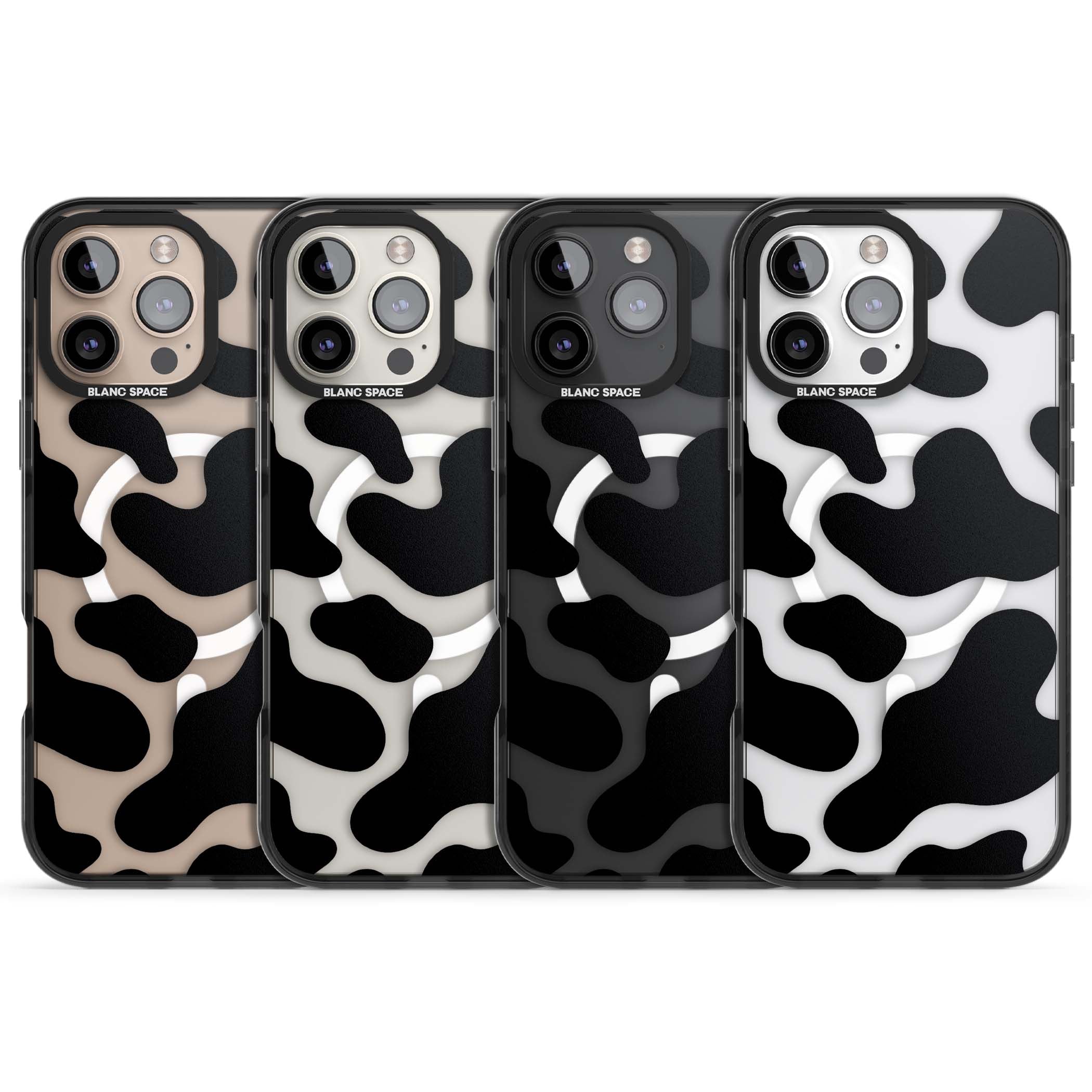 Clear Cow Print cow print iPhone case featuring black and white cow pattern splotches on a clear background | Black Impact Magsafe case for iPhone 16 Pro, iPhone 16 Pro Max