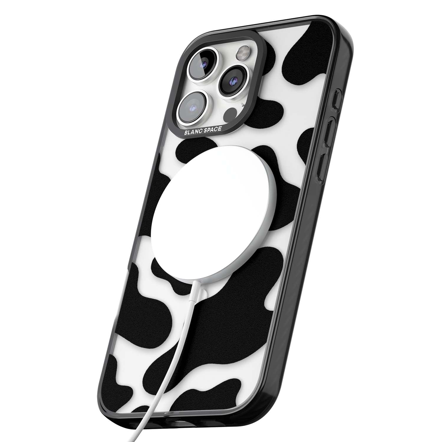 Clear Cow Print cow print iPhone case featuring black and white cow pattern splotches on a clear background | Black Impact Magsafe case for iPhone 16 Pro, iPhone 16 Pro Max