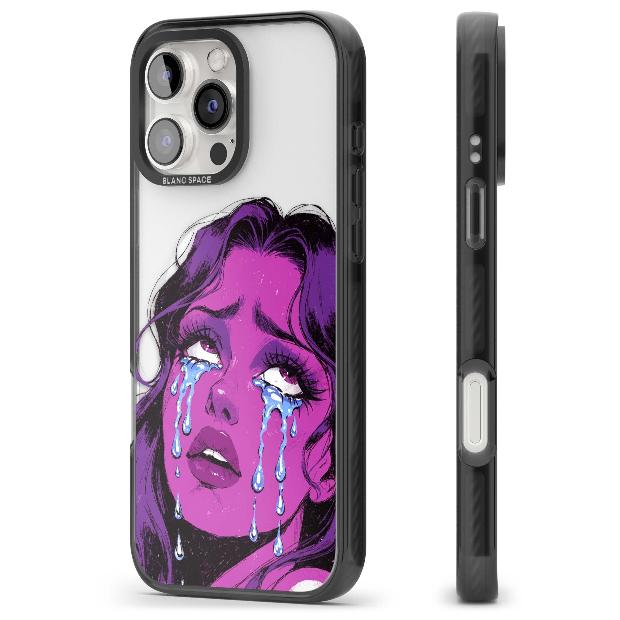 Drama Queen pop art iPhone case featuring a purple crying comic girl with blue tears | Black Impact Magsafe case for iPhone 16 Pro, iPhone 16 Pro Max