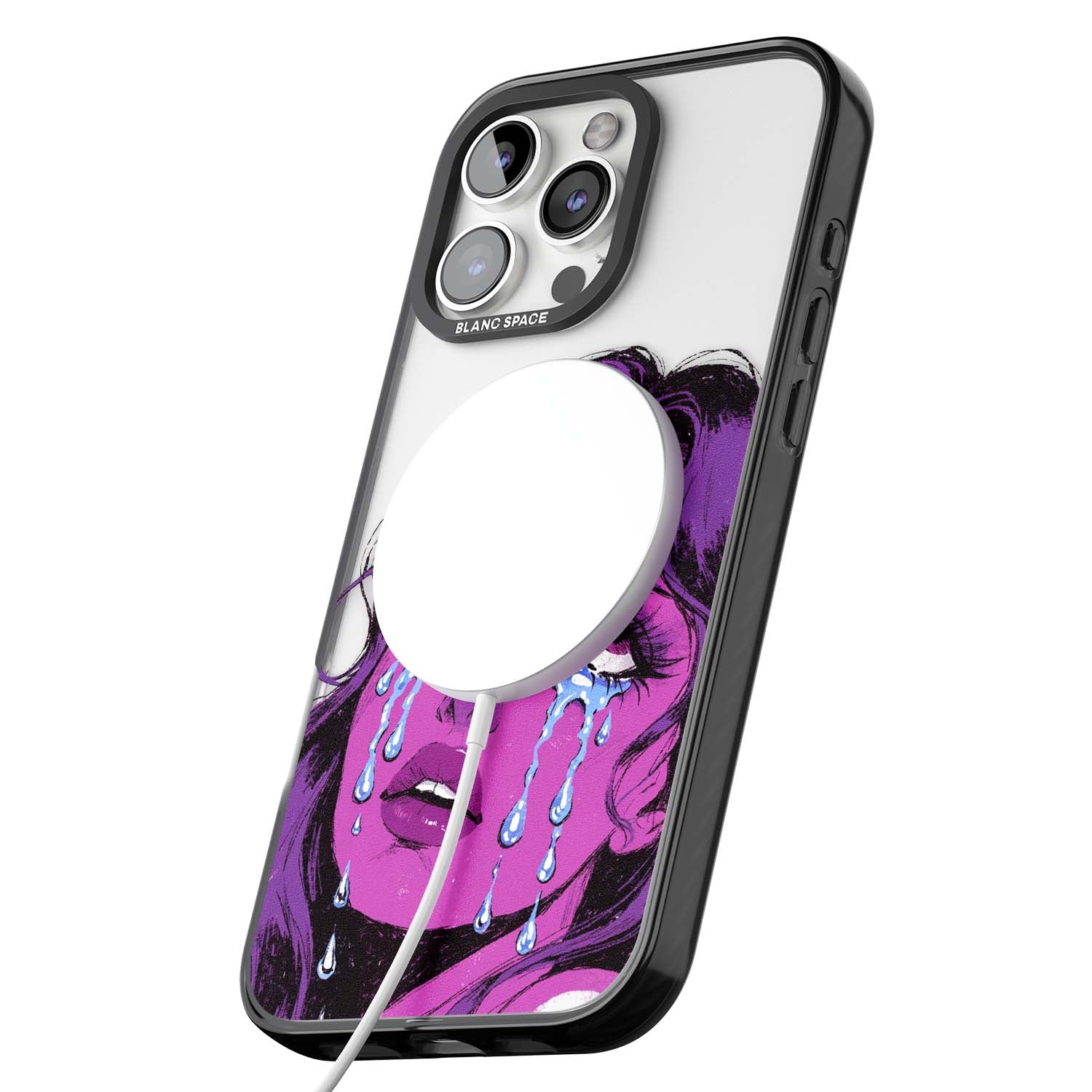 Drama Queen pop art iPhone case featuring a purple crying comic girl with blue tears | Black Impact Magsafe case for iPhone 16 Pro, iPhone 16 Pro Max