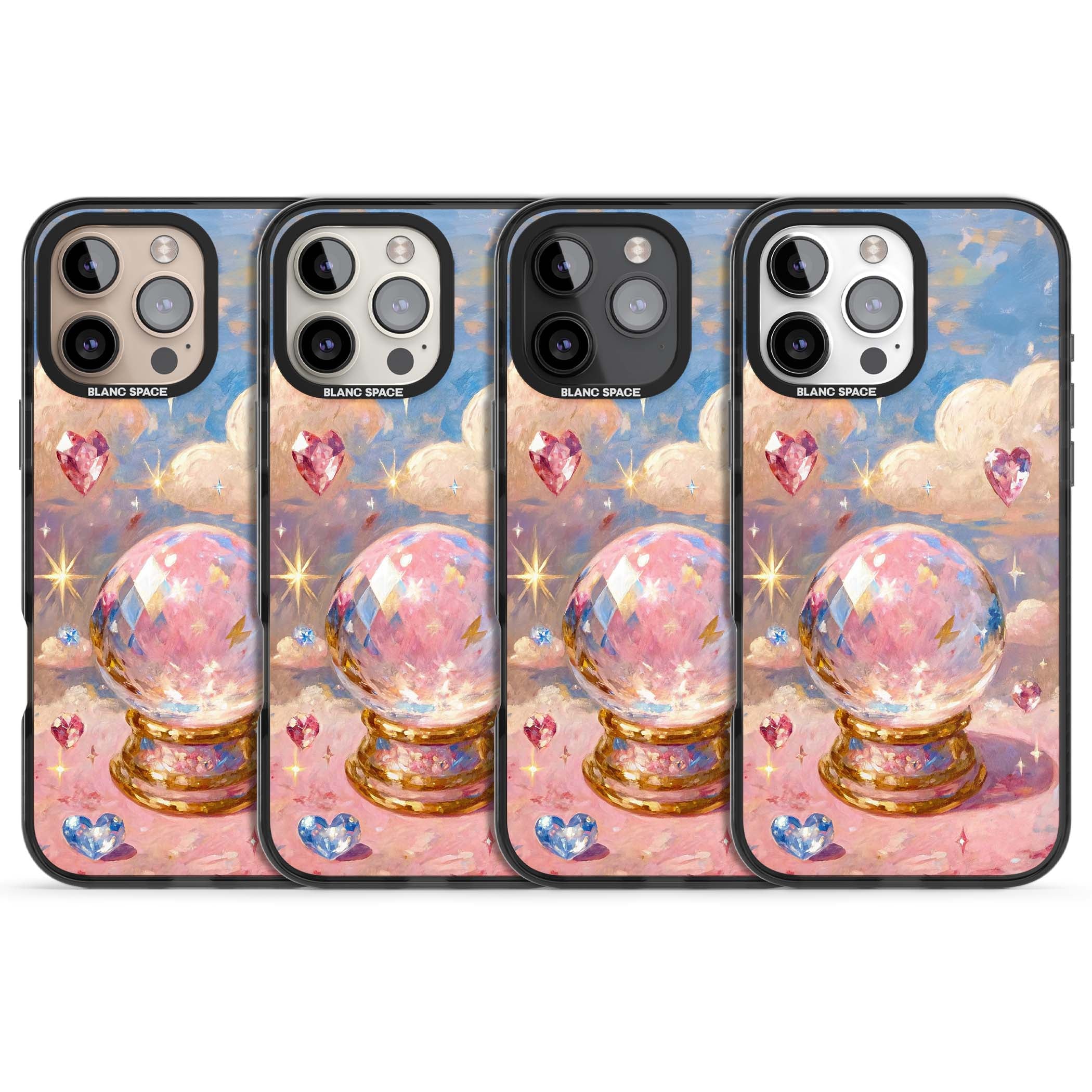 Crystal Ball fairycore iPhone case featuring a painted crystal ball, heart gemstones, and pastel clouds | Black Impact Magsafe case for iPhone 16 Pro, iPhone 16 Pro Max