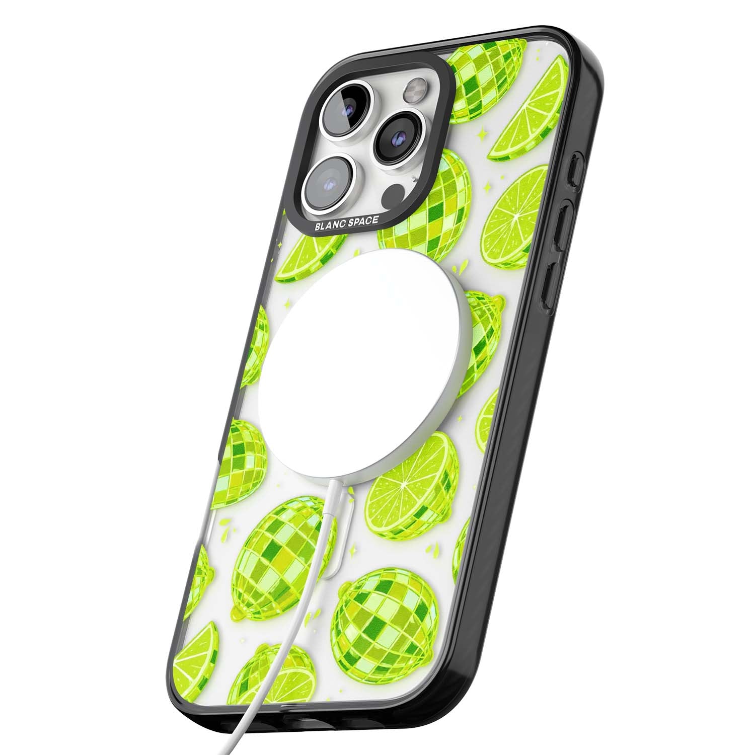 Disco Limes fruit aesthetic iPhone case featuring green disco balls, lime slices and citrus sparkles | Black Impact Magsafe case for iPhone 16 Pro, iPhone 16 Pro Max