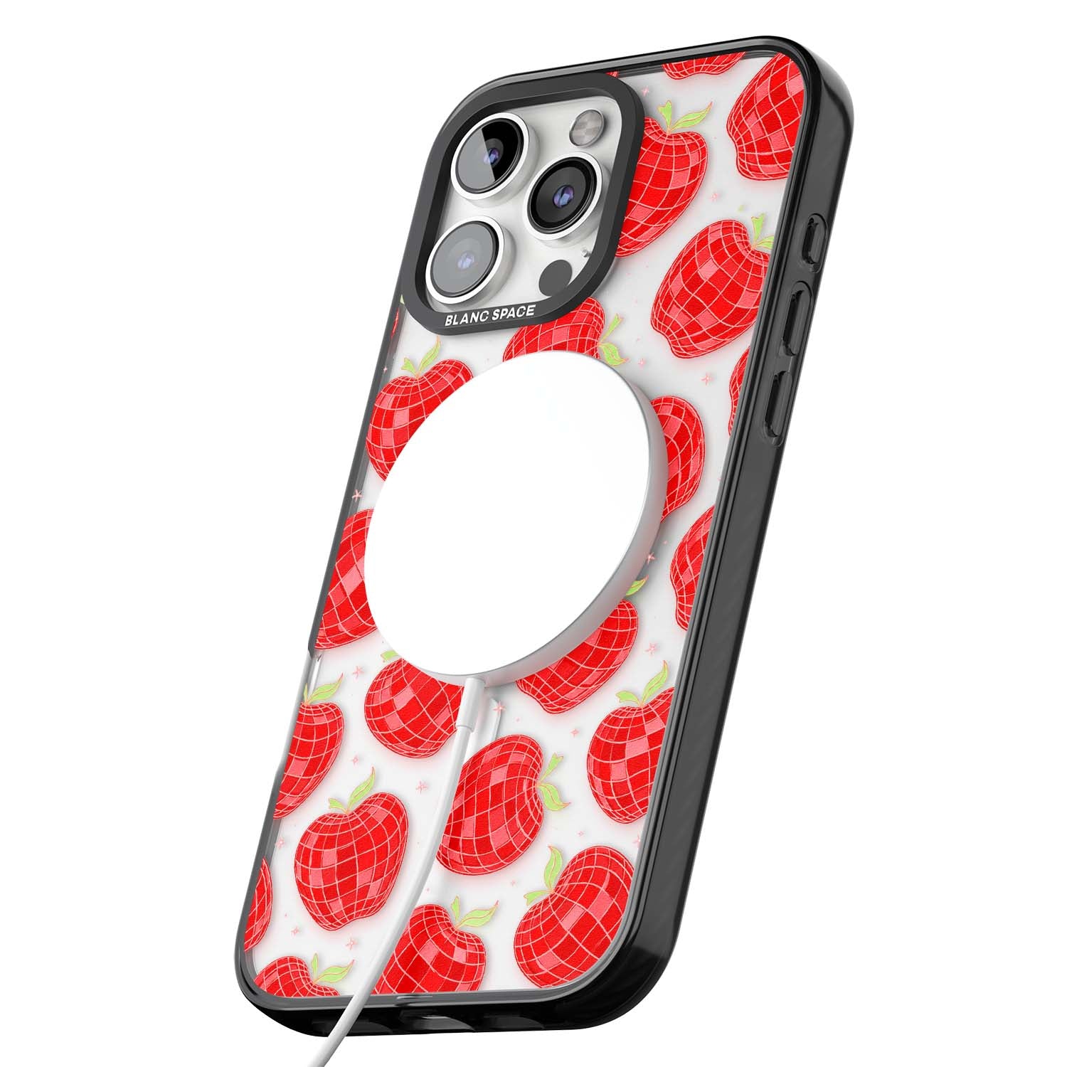 Disco Apples Y2K iPhone case featuring red disco ball apples, green leaves and pink sparkles on clear | Black Impact Magsafe case for iPhone 16 Pro, iPhone 16 Pro Max