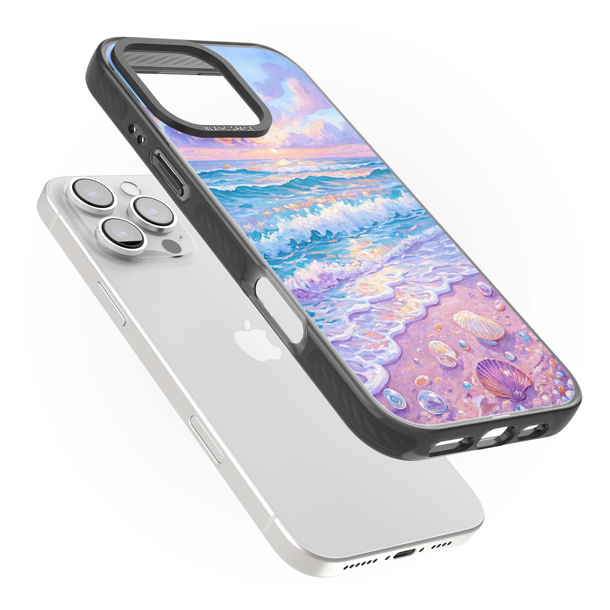 Pearl Shore coastal iPhone case featuring pastel painted waves, seashells, and a sunrise sky over a lavender beach. | Black Impact Magsafe case for iPhone 16 Pro, iPhone 16 Pro Max