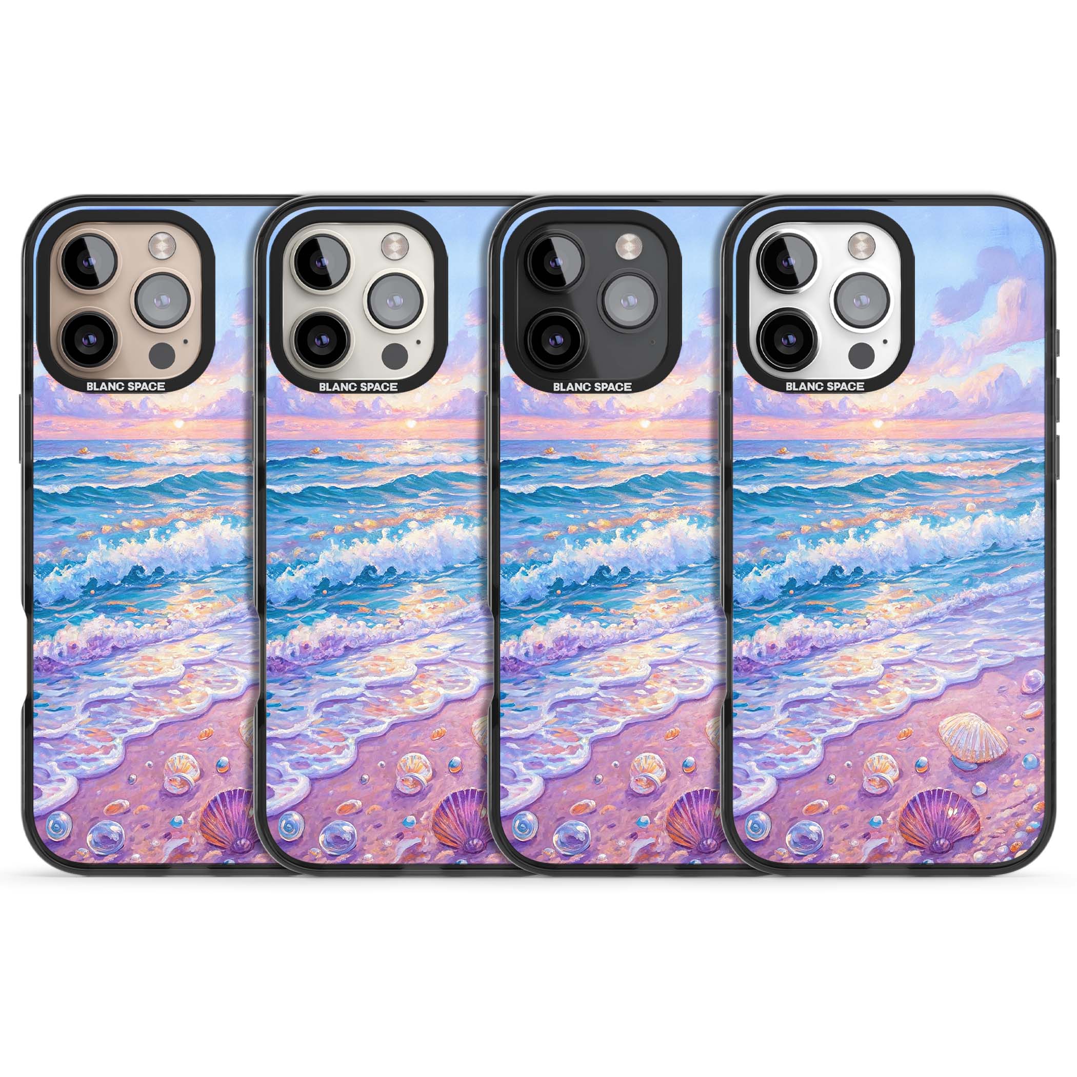 Pearl Shore coastal iPhone case featuring pastel painted waves, seashells, and a sunrise sky over a lavender beach. | Black Impact Magsafe case for iPhone 16 Pro, iPhone 16 Pro Max