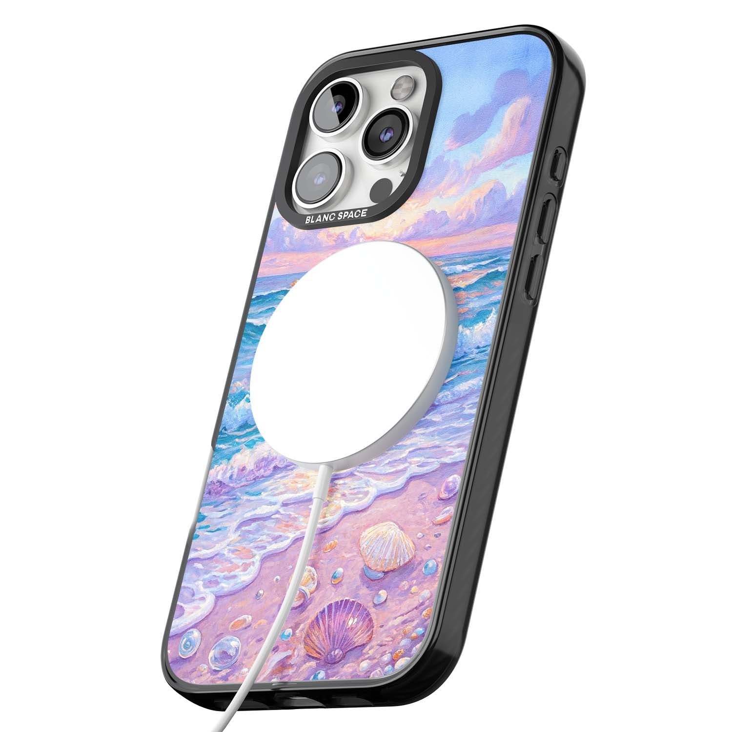 Pearl Shore coastal iPhone case featuring pastel painted waves, seashells, and a sunrise sky over a lavender beach. | Black Impact Magsafe case for iPhone 16 Pro, iPhone 16 Pro Max