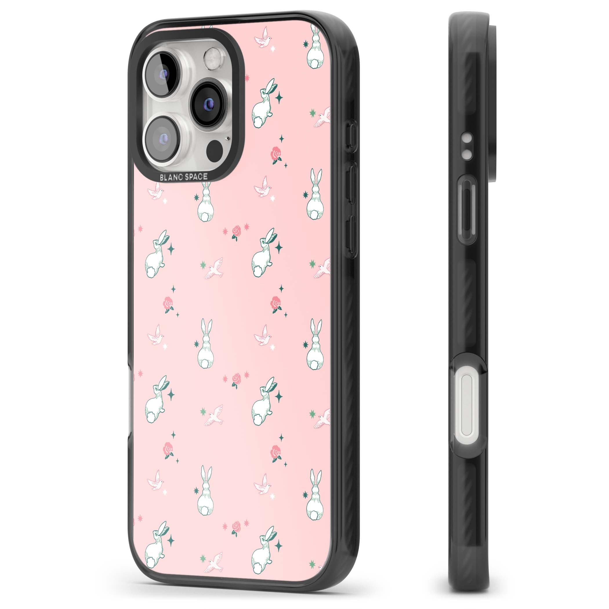 Bunny Garden kawaii iPhone case featuring white rabbits, pink roses, doves and stars on pink background | Black Impact Magsafe case for iPhone 16 Pro, iPhone 16 Pro Max