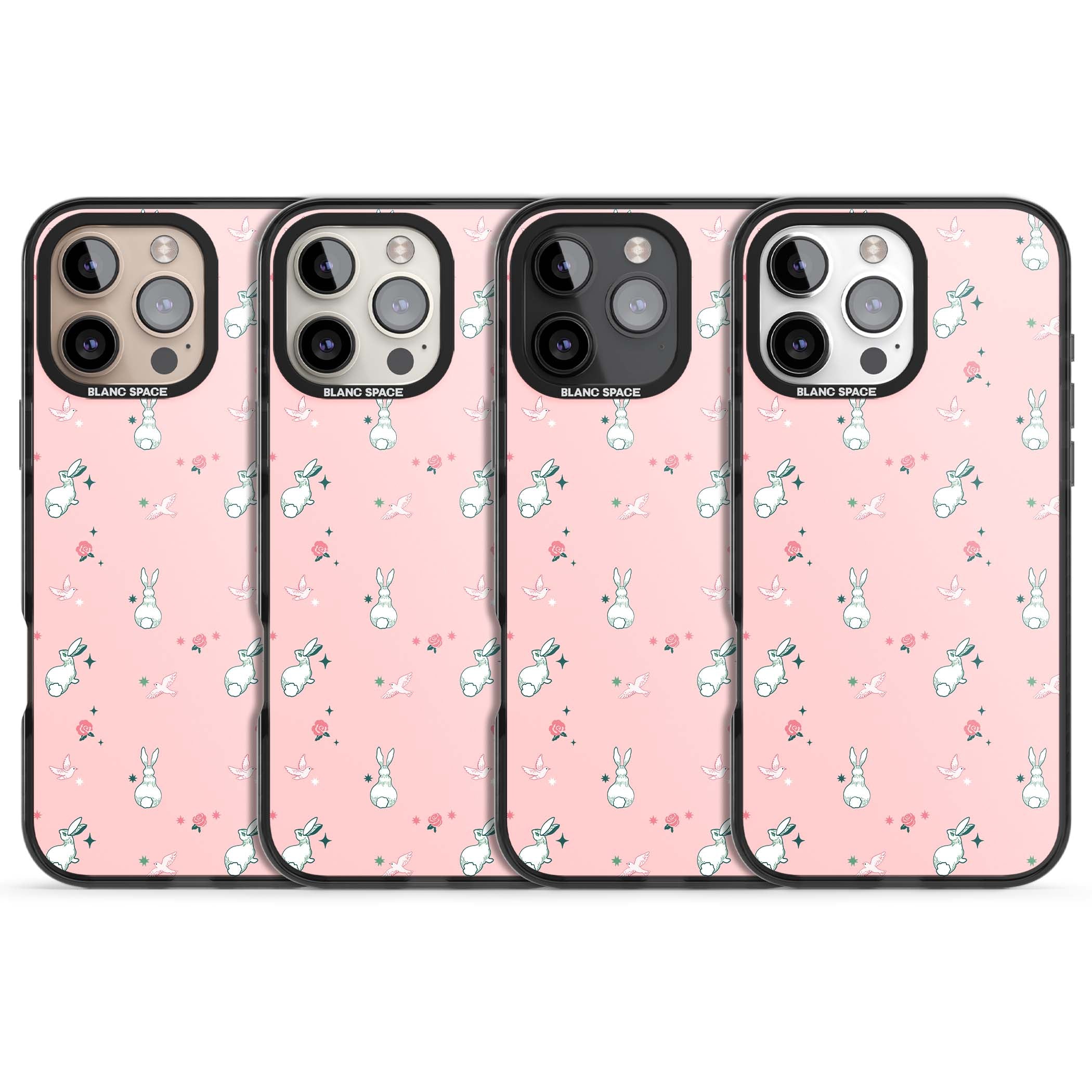 Bunny Garden kawaii iPhone case featuring white rabbits, pink roses, doves and stars on pink background | Black Impact Magsafe case for iPhone 16 Pro, iPhone 16 Pro Max