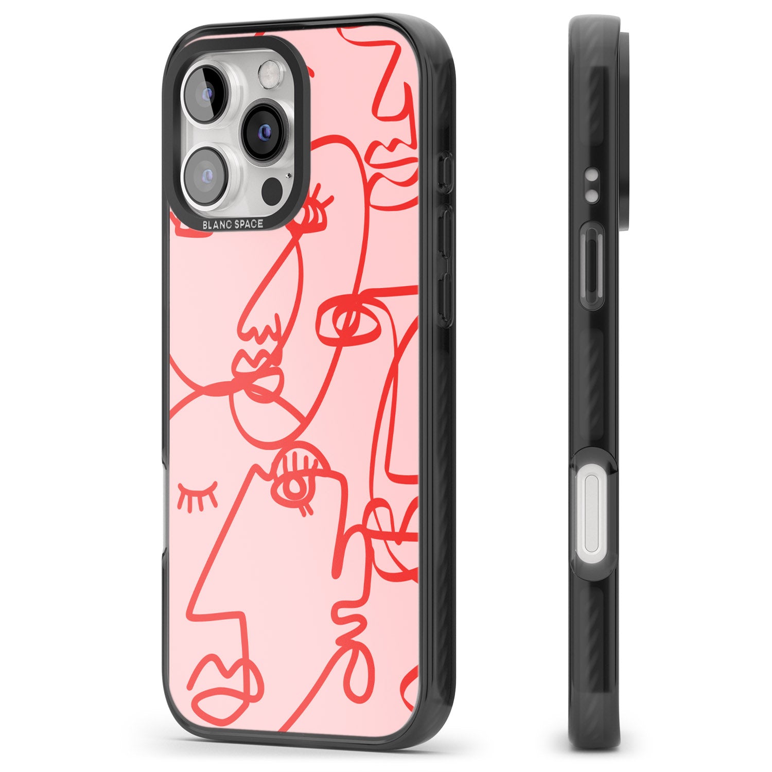 iPhone 16 Pro Max Abstract Continuous Line Faces Red on Pink Black Impact Phone Case