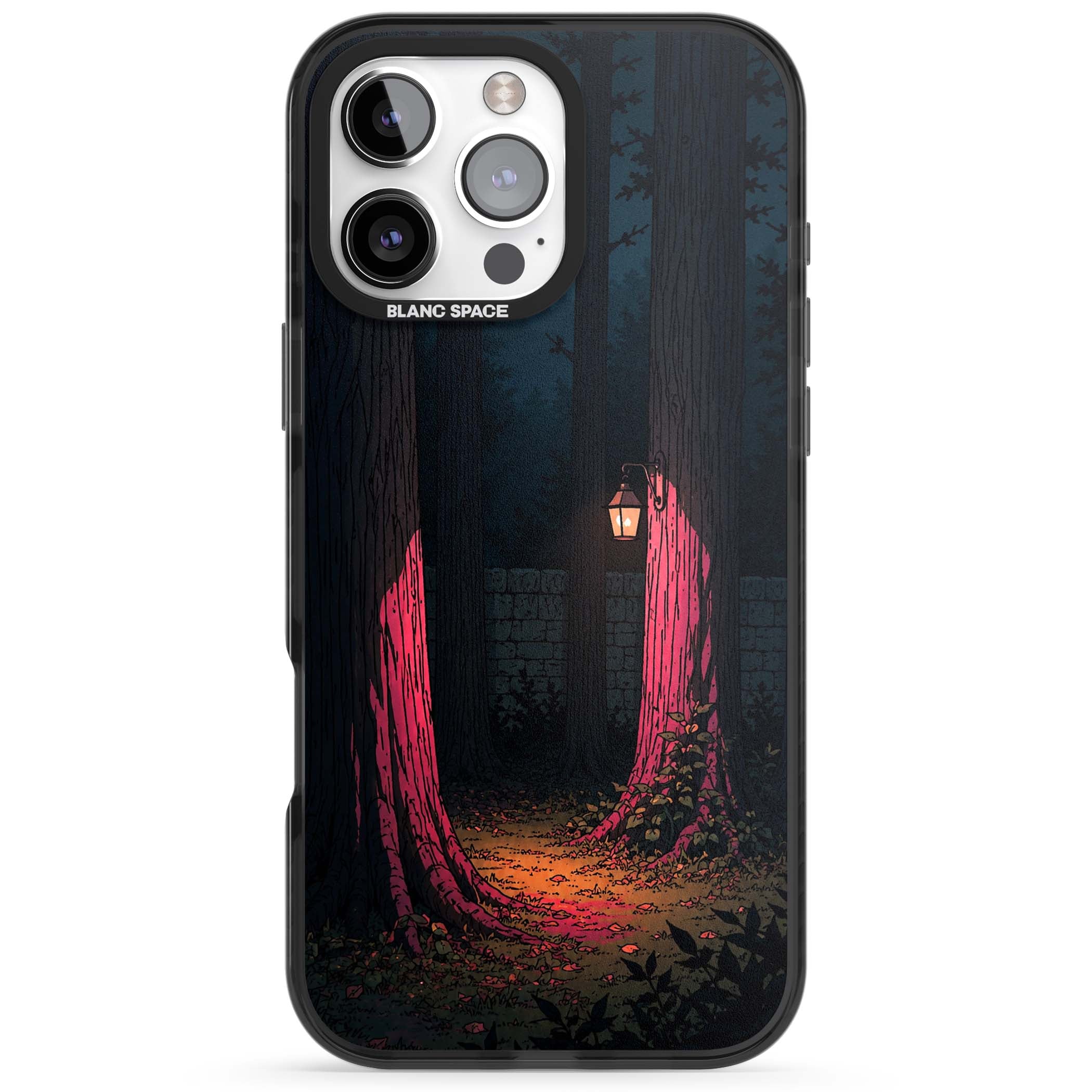 Forest Lantern dark academia iPhone case featuring a moonlit forest, glowing lantern, and stone wall pathway | Black Impact Magsafe case for iPhone 16 Pro, iPhone 16 Pro Max