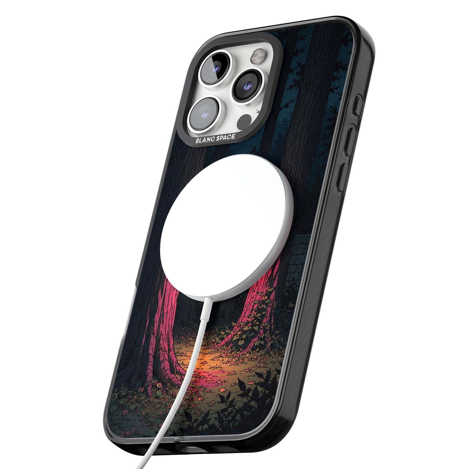Forest Lantern dark academia iPhone case featuring a moonlit forest, glowing lantern, and stone wall pathway | Black Impact Magsafe case for iPhone 16 Pro, iPhone 16 Pro Max