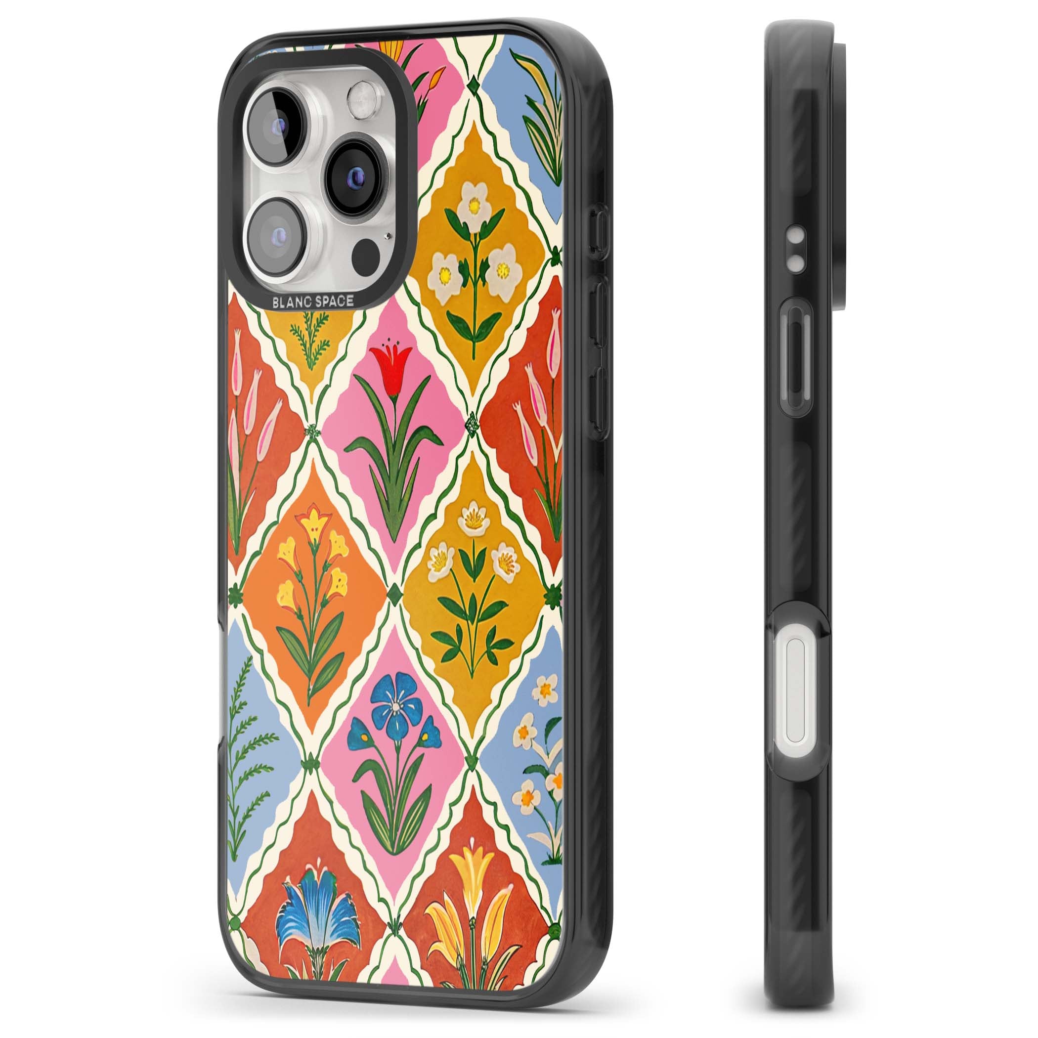 Floral Quilt boho floral iPhone case featuring diamond lattice pattern, hand-painted tulips and folk art wildflowers | Black Impact Magsafe case for iPhone 16 Pro, iPhone 16 Pro Max
