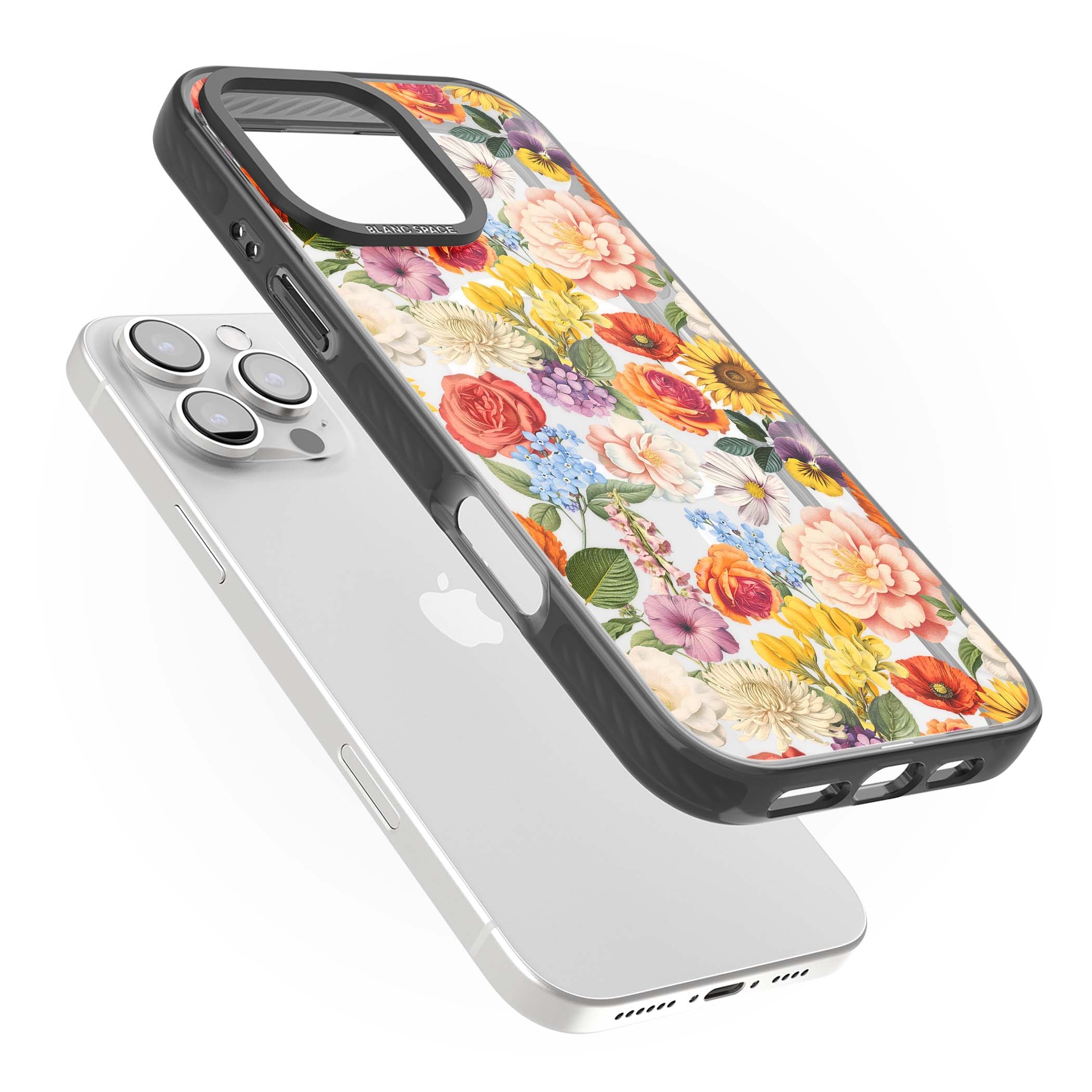Bloom Basket floral iPhone case featuring cottage garden flowers including peonies, sunflowers, and wildflowers in pastel col | Black Impact Magsafe case for iPhone 16 Pro, iPhone 16 Pro Max