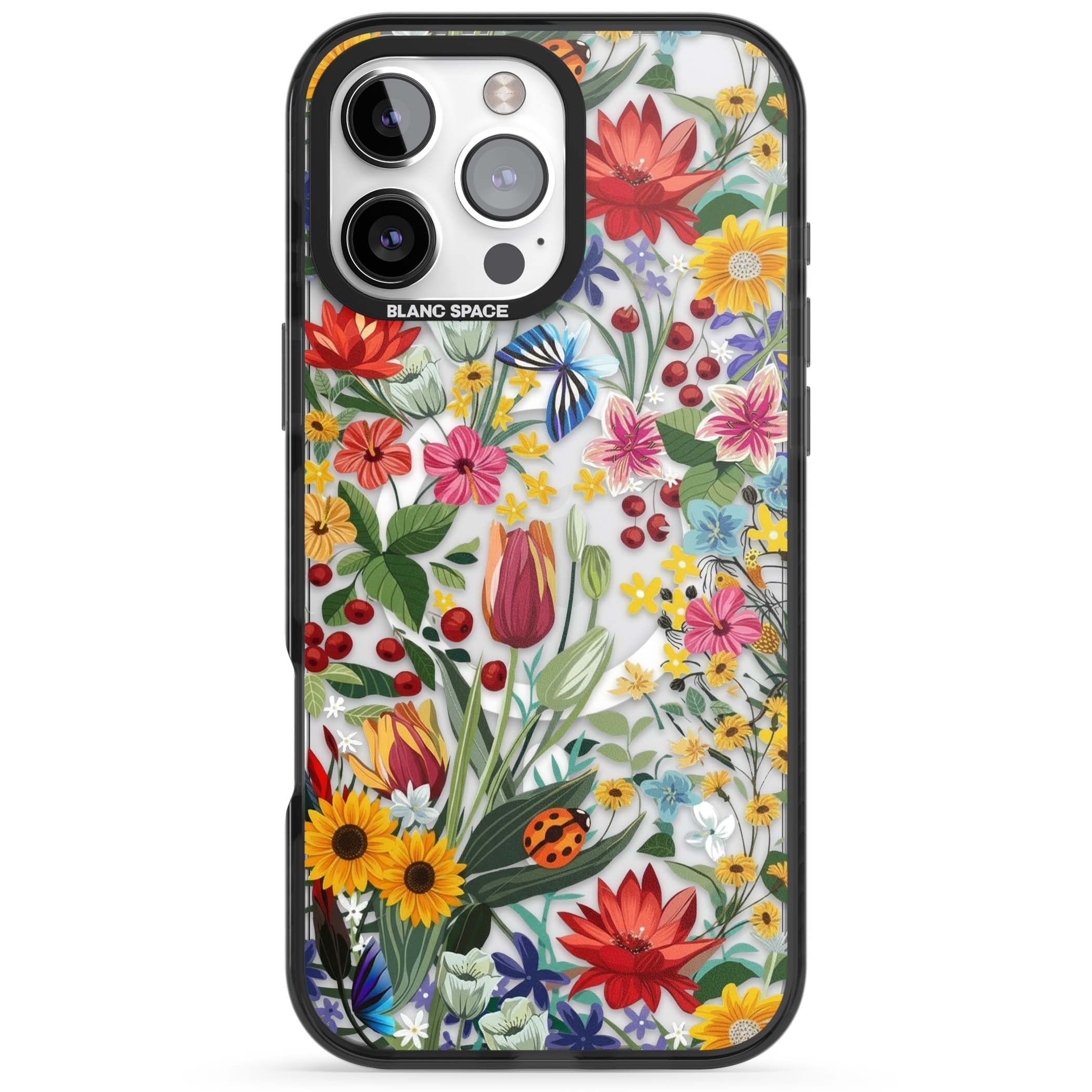 Botanical Bloom cottagecore iPhone case featuring colorful wildflowers, sunflowers, and ladybugs on clear background | Black Impact Magsafe case for iPhone 16 Pro, iPhone 16 Pro Max