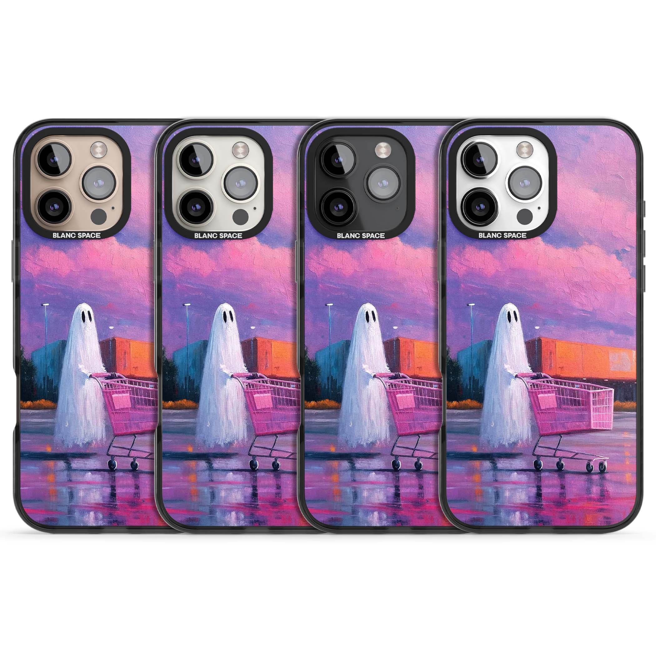 A Ghost's Errand ghost halloween iPhone case featuring a painted ghost, pink shopping trolley and purple sunset sky | Black Impact Magsafe case for iPhone 16 Pro, iPhone 16 Pro Max