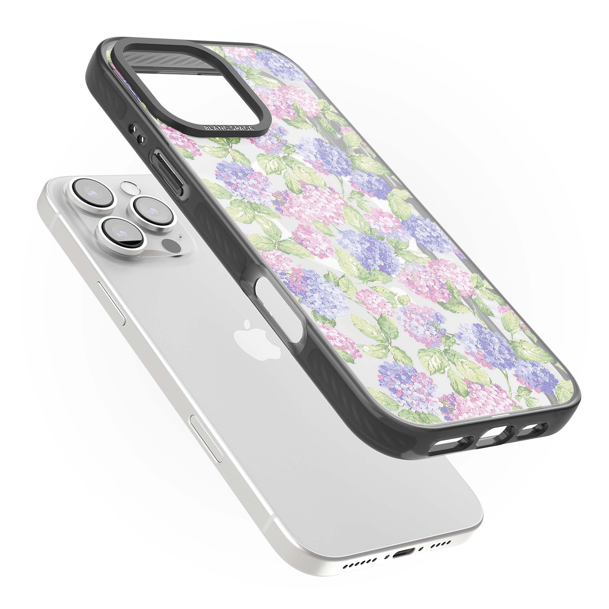 Cottage Hydrangea cottagecore iPhone case featuring pink and purple hydrangea blooms with green leaves on a clear background | Black Impact Magsafe case for iPhone 16 Pro, iPhone 16 Pro Max