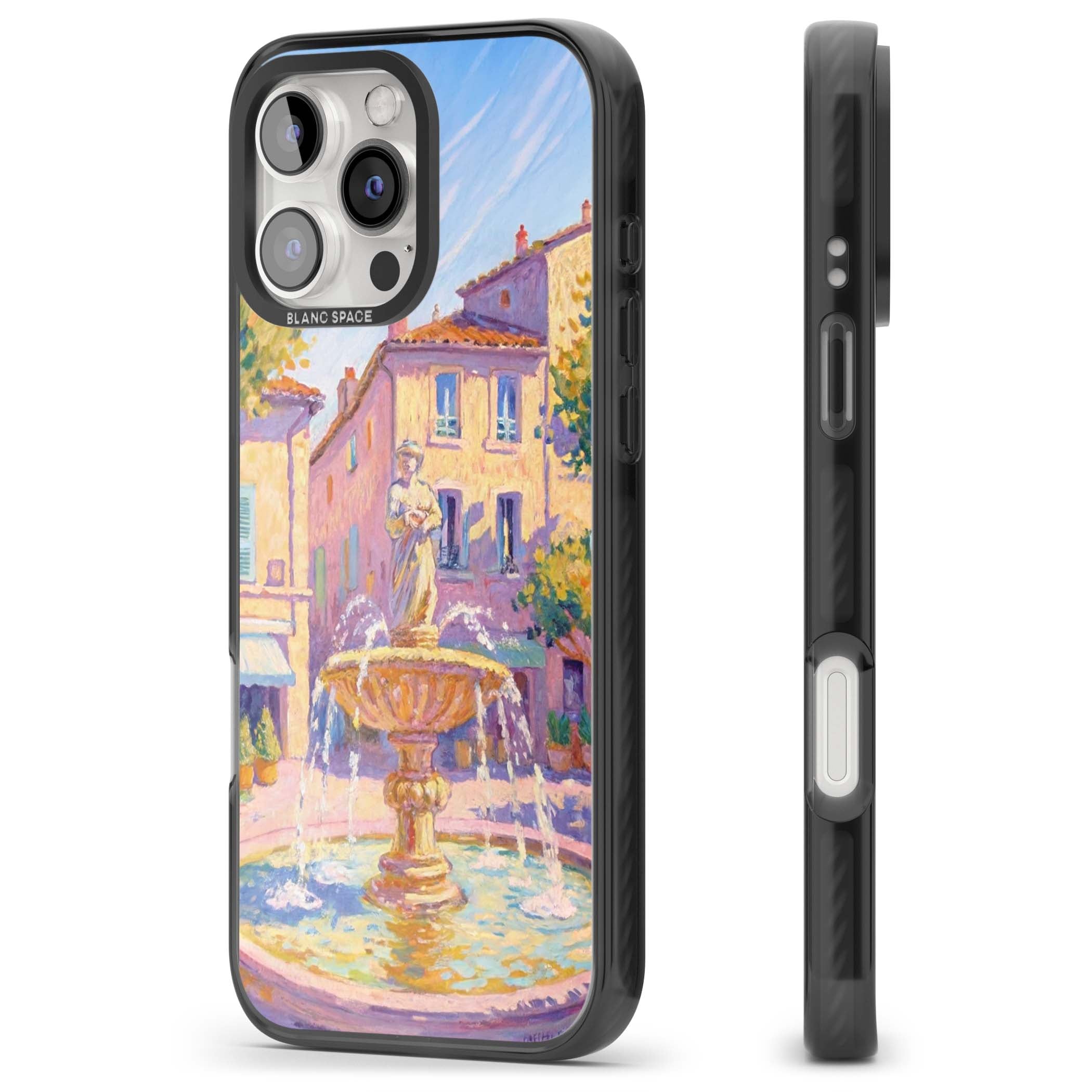 Fountain Square fine art iPhone case featuring an impressionist Provençal fountain, pastel village buildings and summe | Black Impact Magsafe case for iPhone 16 Pro, iPhone 16 Pro Max