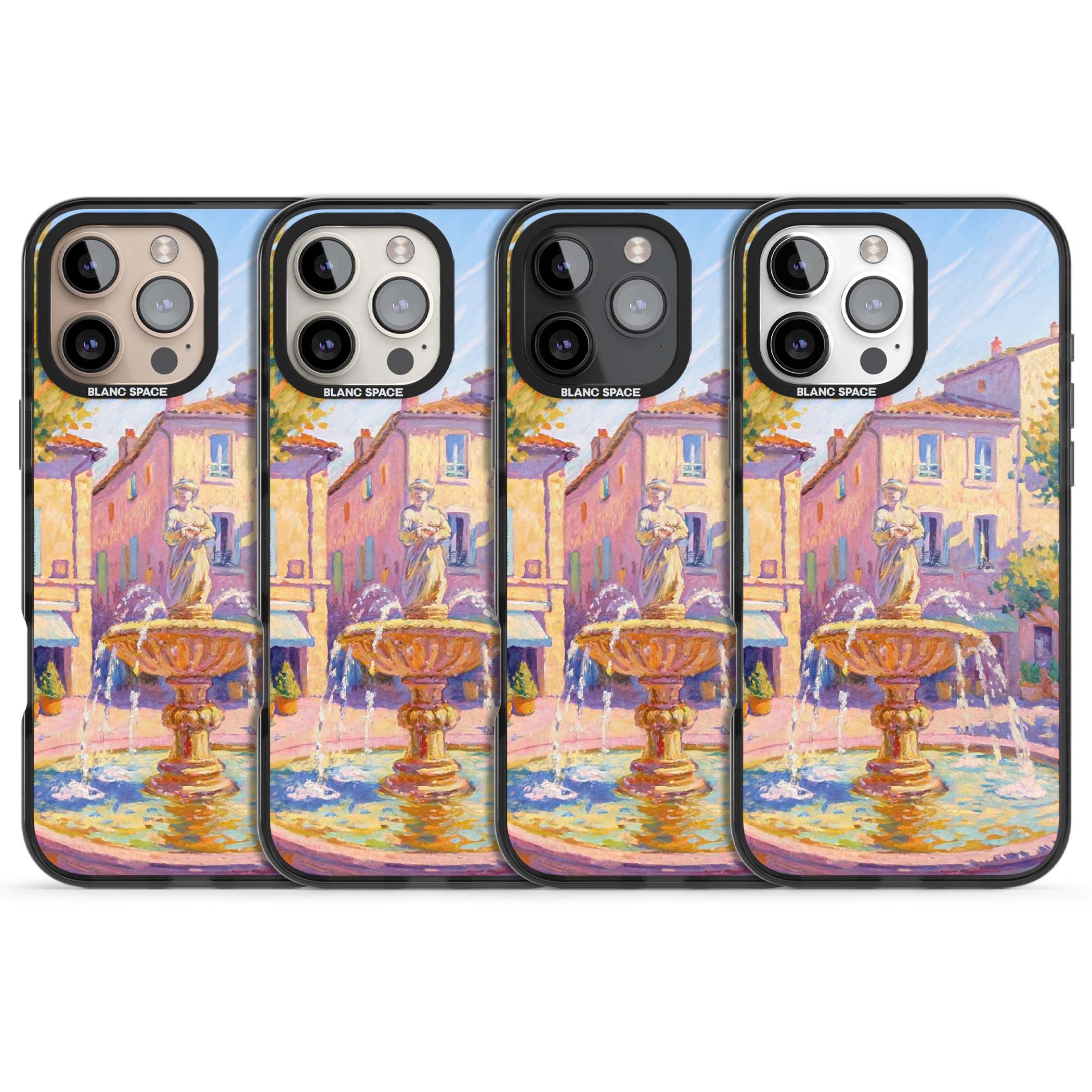Fountain Square fine art iPhone case featuring an impressionist Provençal fountain, pastel village buildings and summe | Black Impact Magsafe case for iPhone 16 Pro, iPhone 16 Pro Max