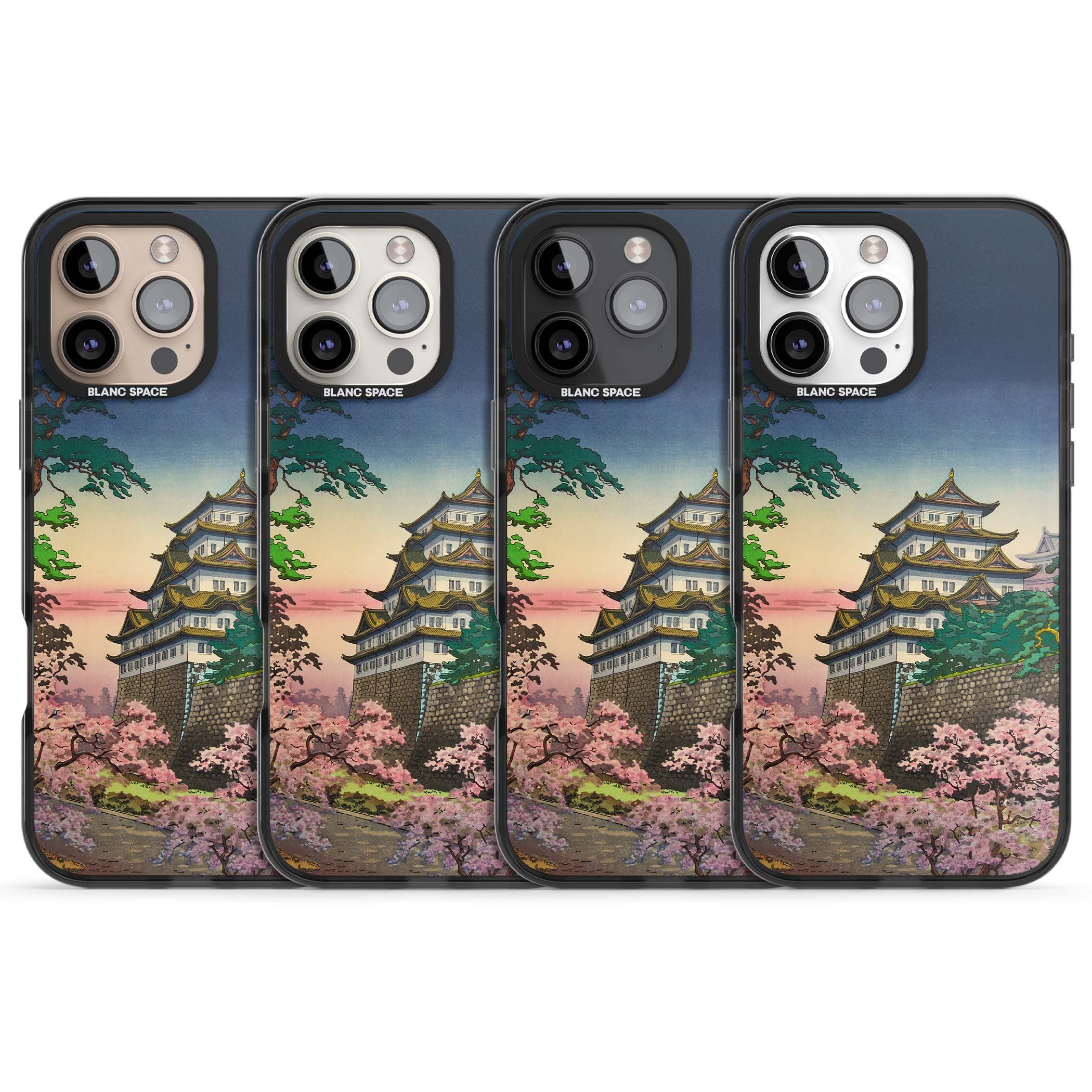 Nagoya Castle Japanese iPhone case featuring a vintage pagoda, twilight sky and cherry blossom trees | Black Impact Magsafe case for iPhone 16 Pro, iPhone 16 Pro Max